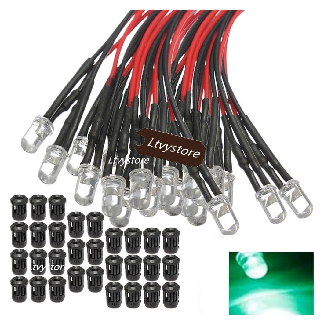 30 Piezas LED Verde 3mm Pre Cableado 12V + Soportes Plástico