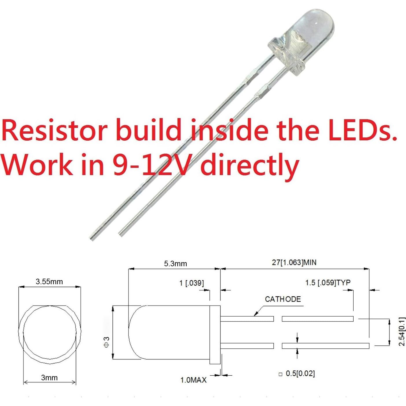 LED 3mm Bowerful 100pcs Mezcla 5 Colores 9-12V Sin Resistencia