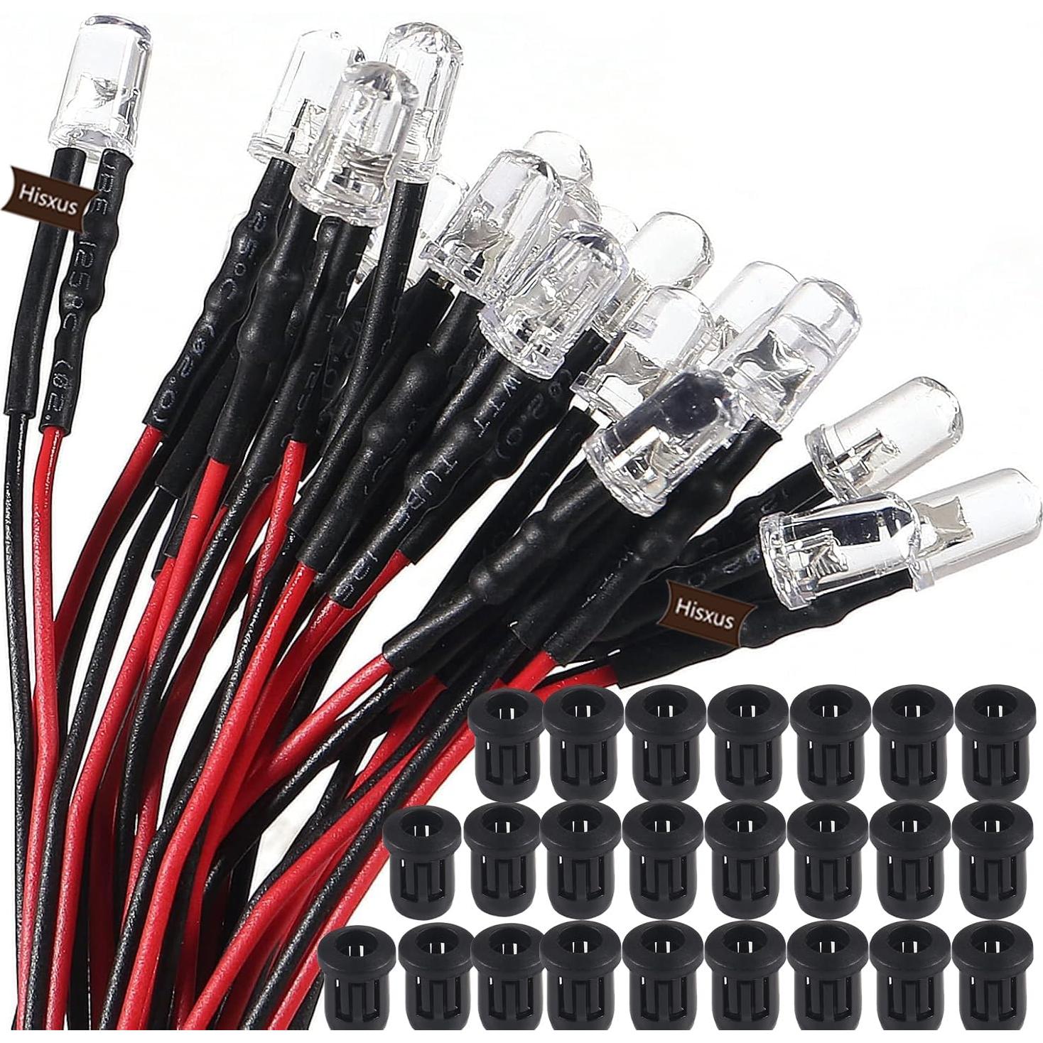 25 Bombillas LED Blancas Pre-cableadas 10mm 12V + Soportes 10mm