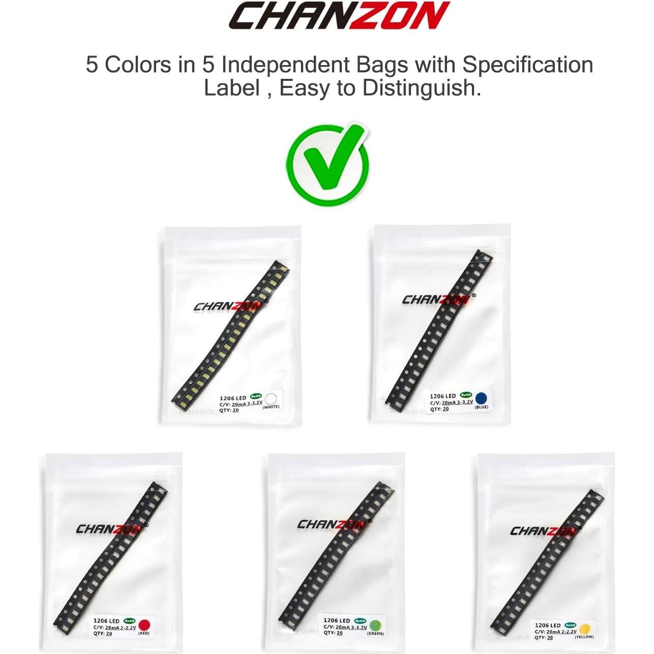 CHANZON (5 Colors x 20 pcs = 100 pcs 1206 SMD LED Diode Lights Assorted Kit (Mini Chip 3.2mm x 1.6mm for PCB DC 20mA) Super Bright Lighting Bulb Lamps Electronics Components Light Emitting Diodes