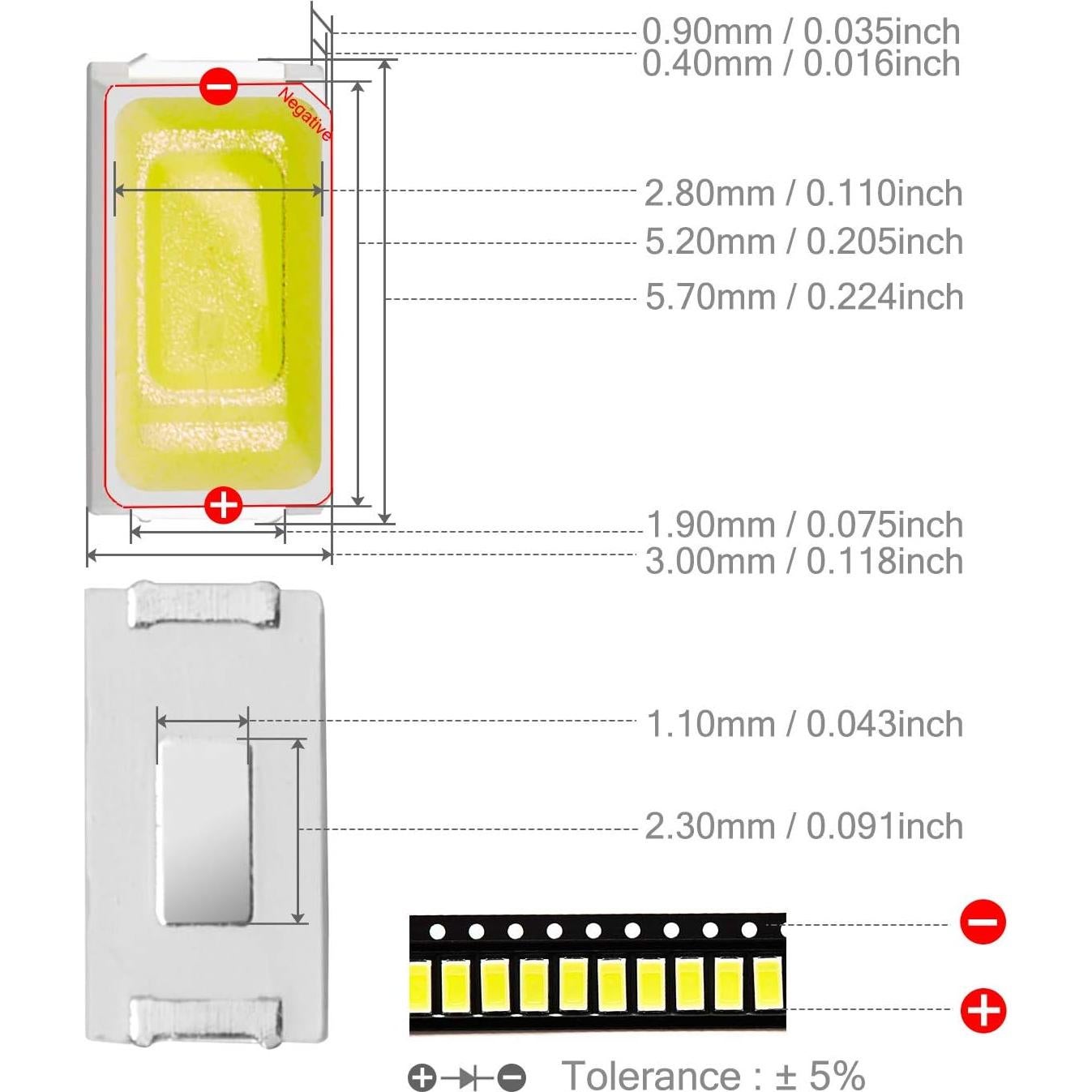 100 LEDs SMD CHANZON 5730 Blanco 6000K 55LM 3V