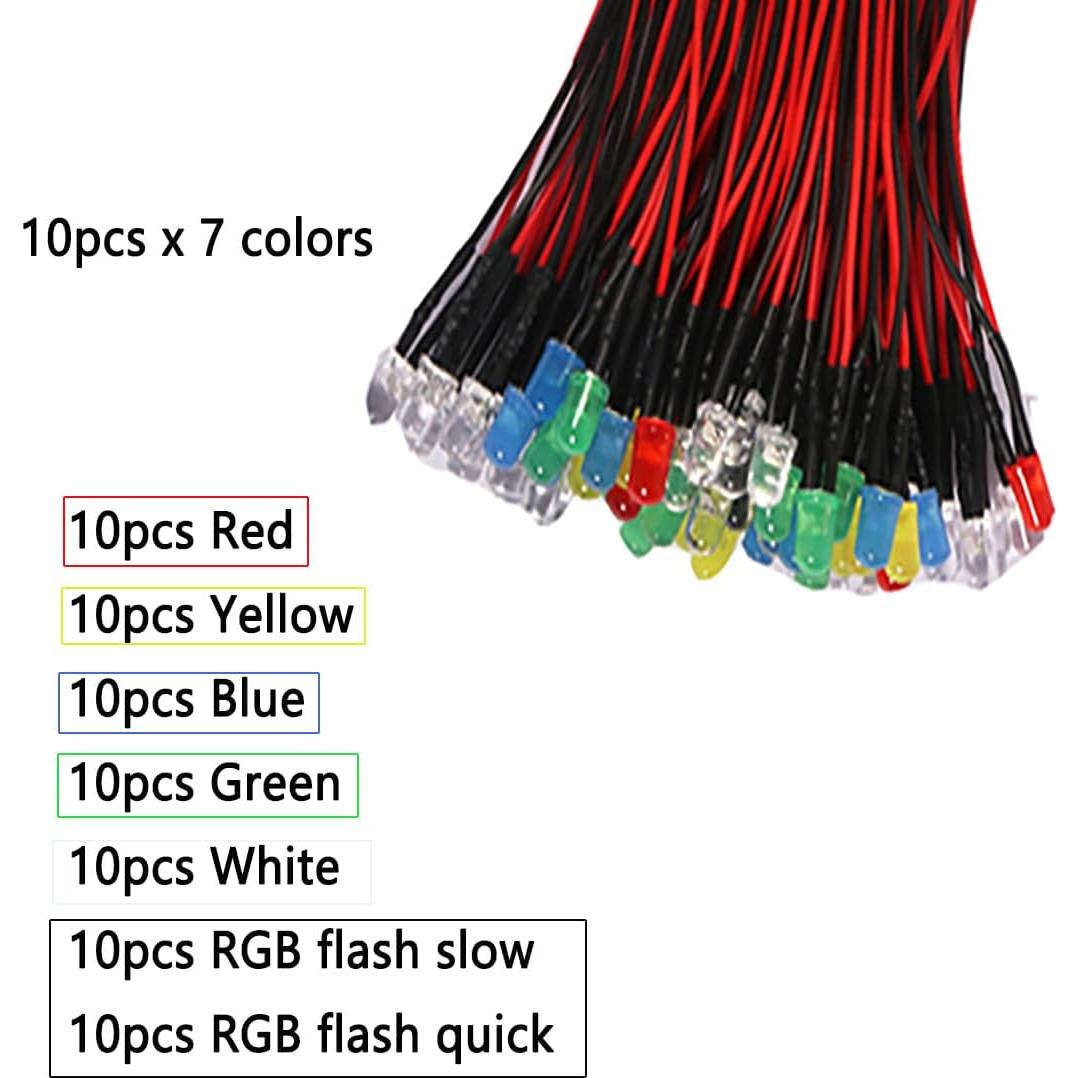 Kit de 70 Luces LED Diodos 5mm Pre Cableados ALAMSCN 12V RGB