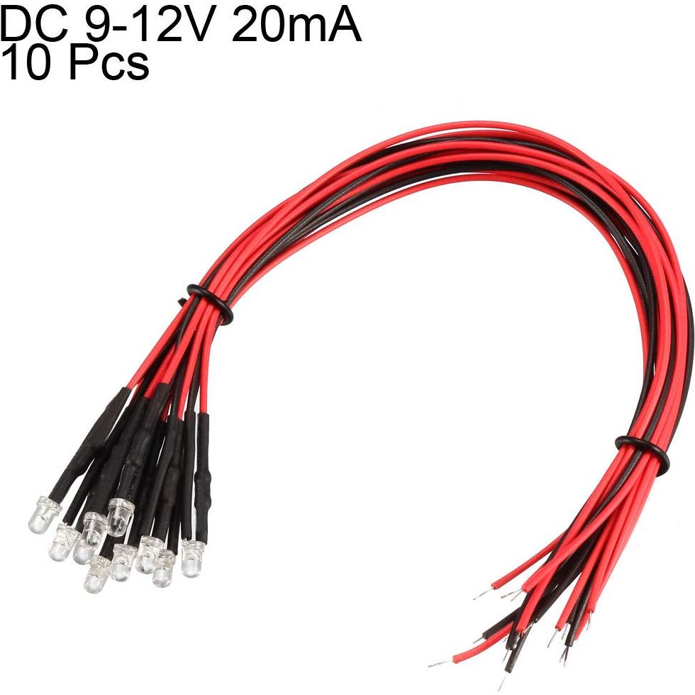 10 LEDs Pre Cableados 3mm uxcell Blanco DC 9-12V 20cm