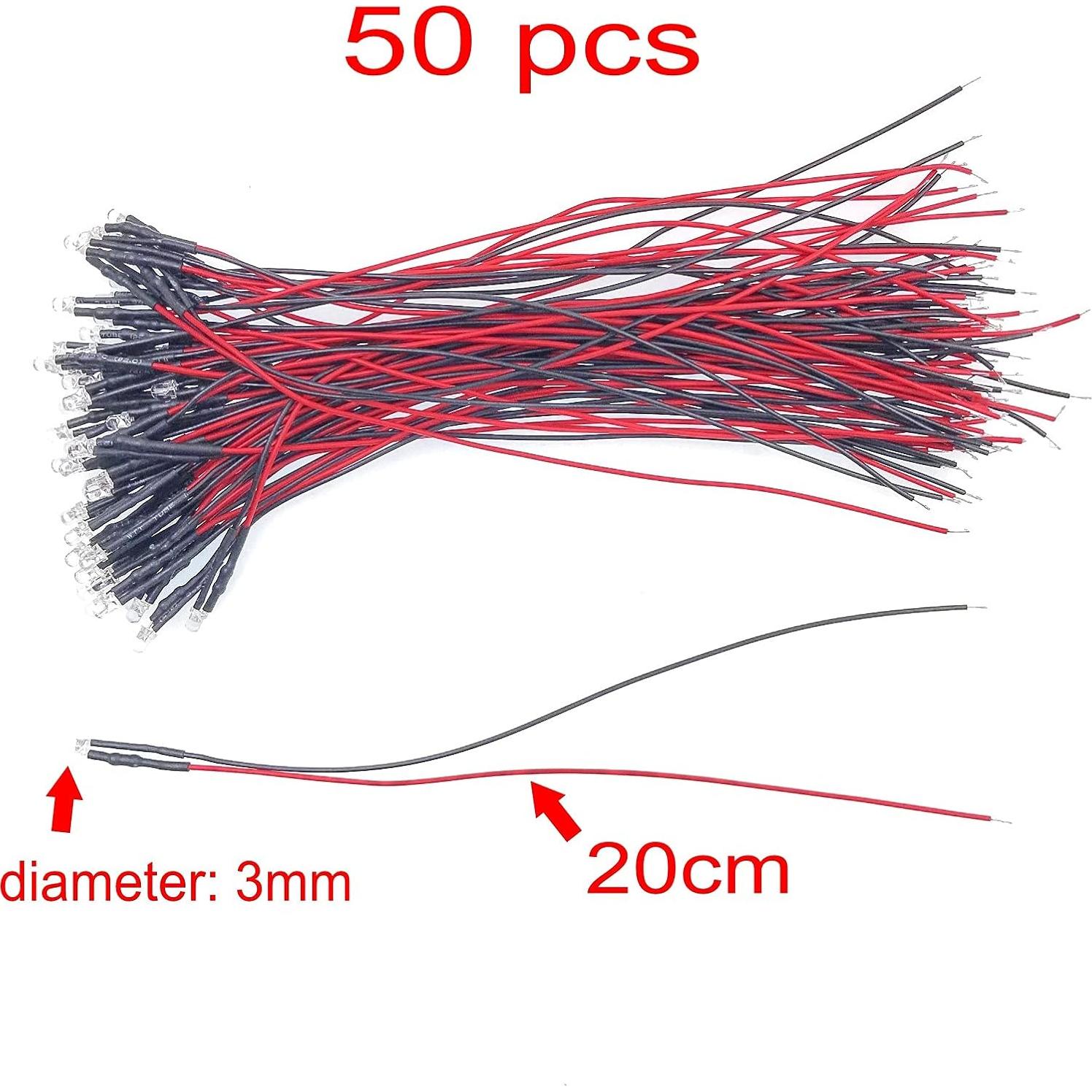 50 Diodos LED Blancos 3mm JZK 12V Pre-Cableados 20cm