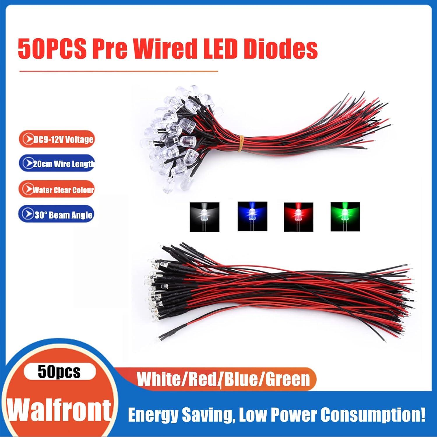 50 Piezas LED Pre-Cableado 3/5/10mm Walfront Luz Blanca