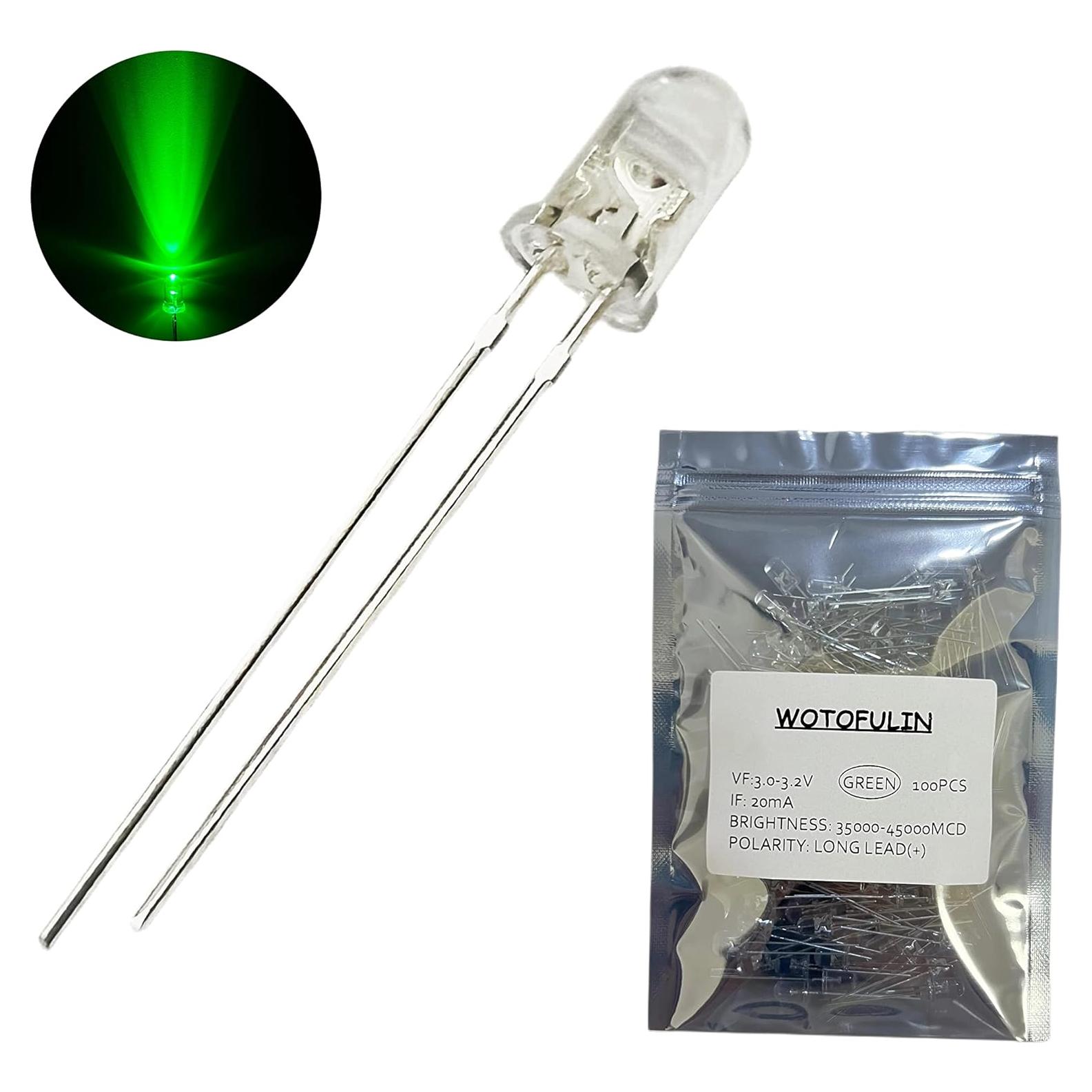 Luces LED Verde 5mm WOTOFULIN 100pcs 3V 20mA Lente Clara