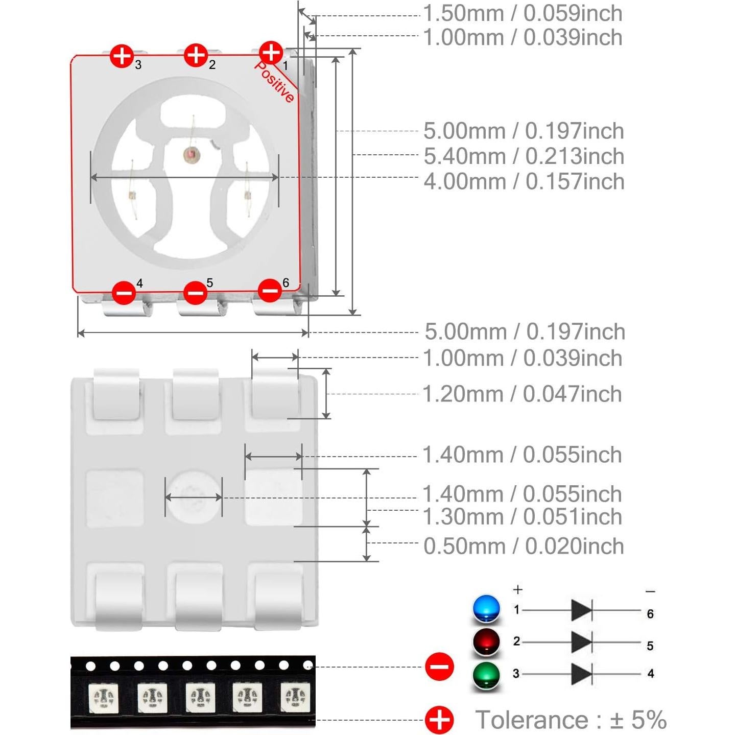 Diodos LED RGB 5050 SMD CHANZON 100 Piezas 20mA