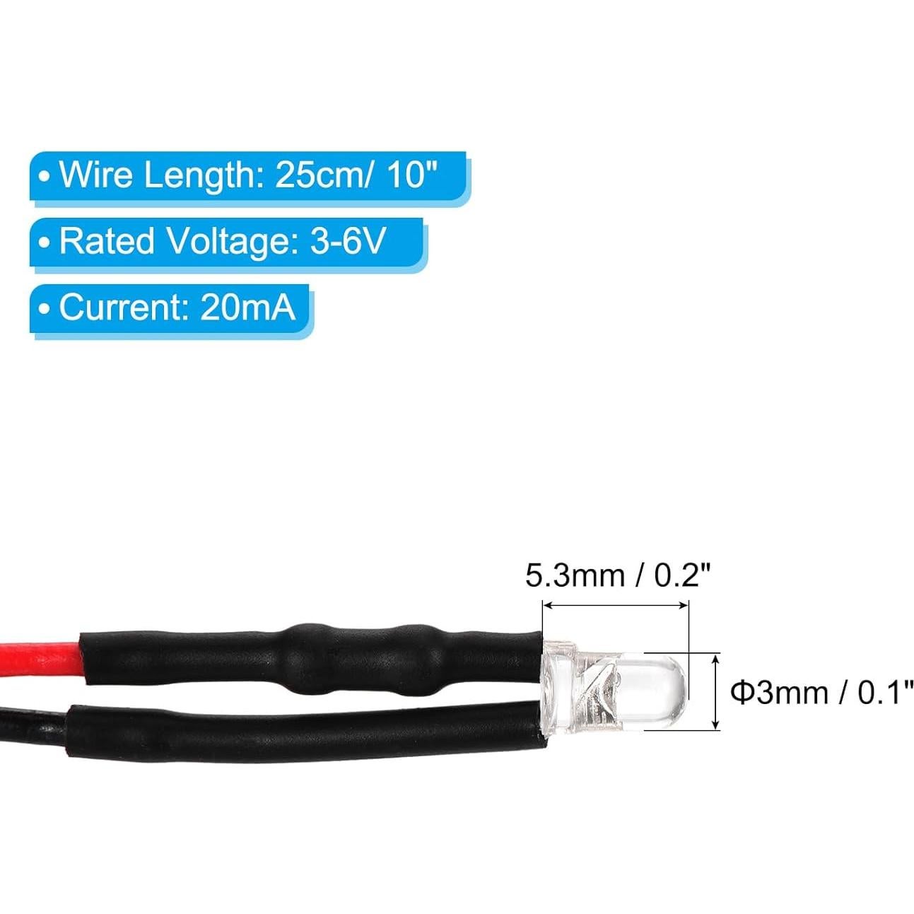 Diodos LED 3mm PATIKIL Frío 50 Pcs 3-6V Pre Cableados