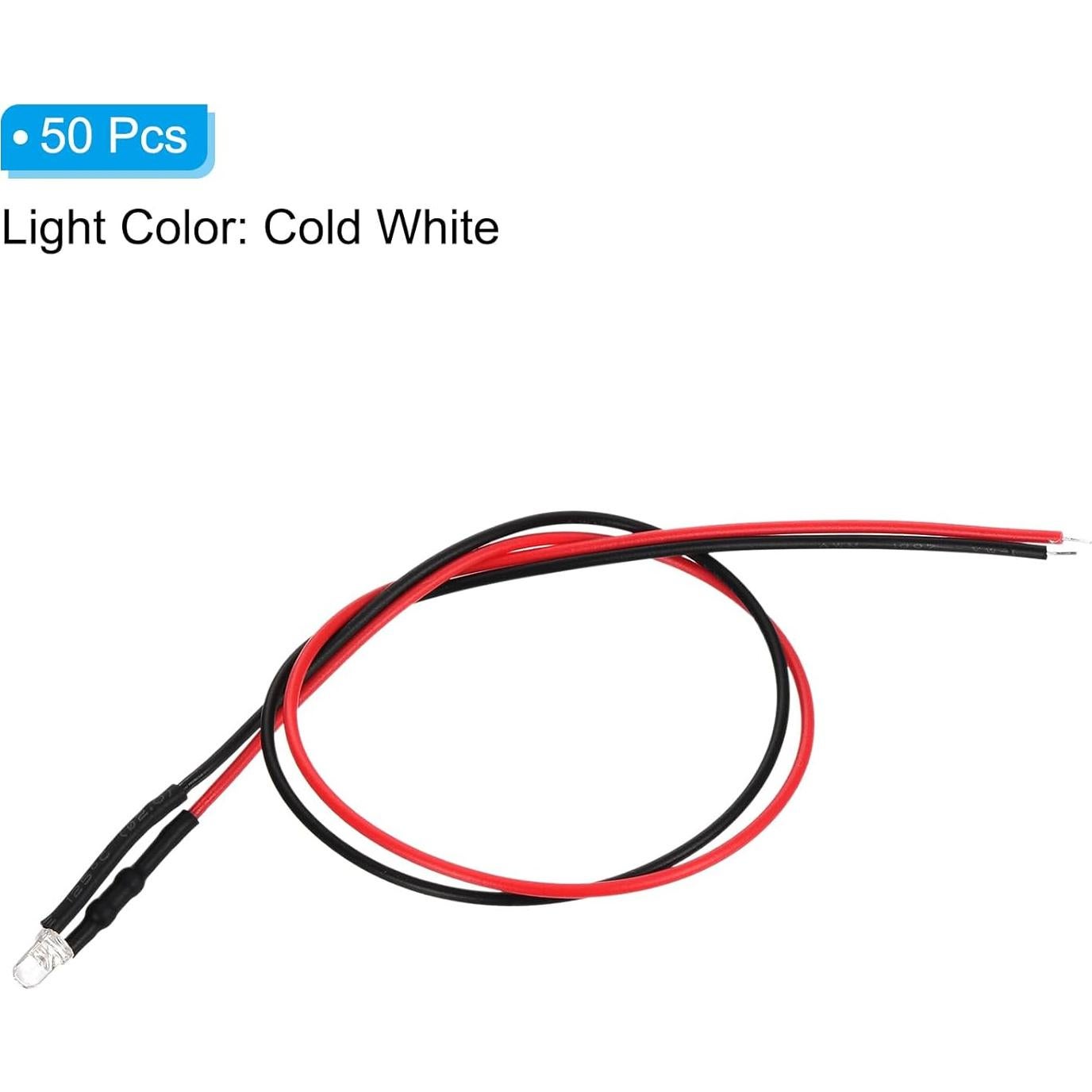 Diodos LED 3mm PATIKIL Frío 50 Pcs 3-6V Pre Cableados