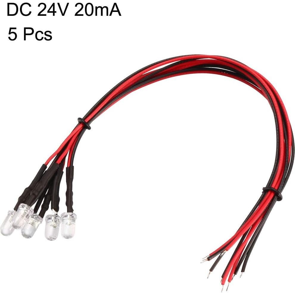 5 Piezas LED 5mm Pre Cableados uxcell Blanco DC 24V
