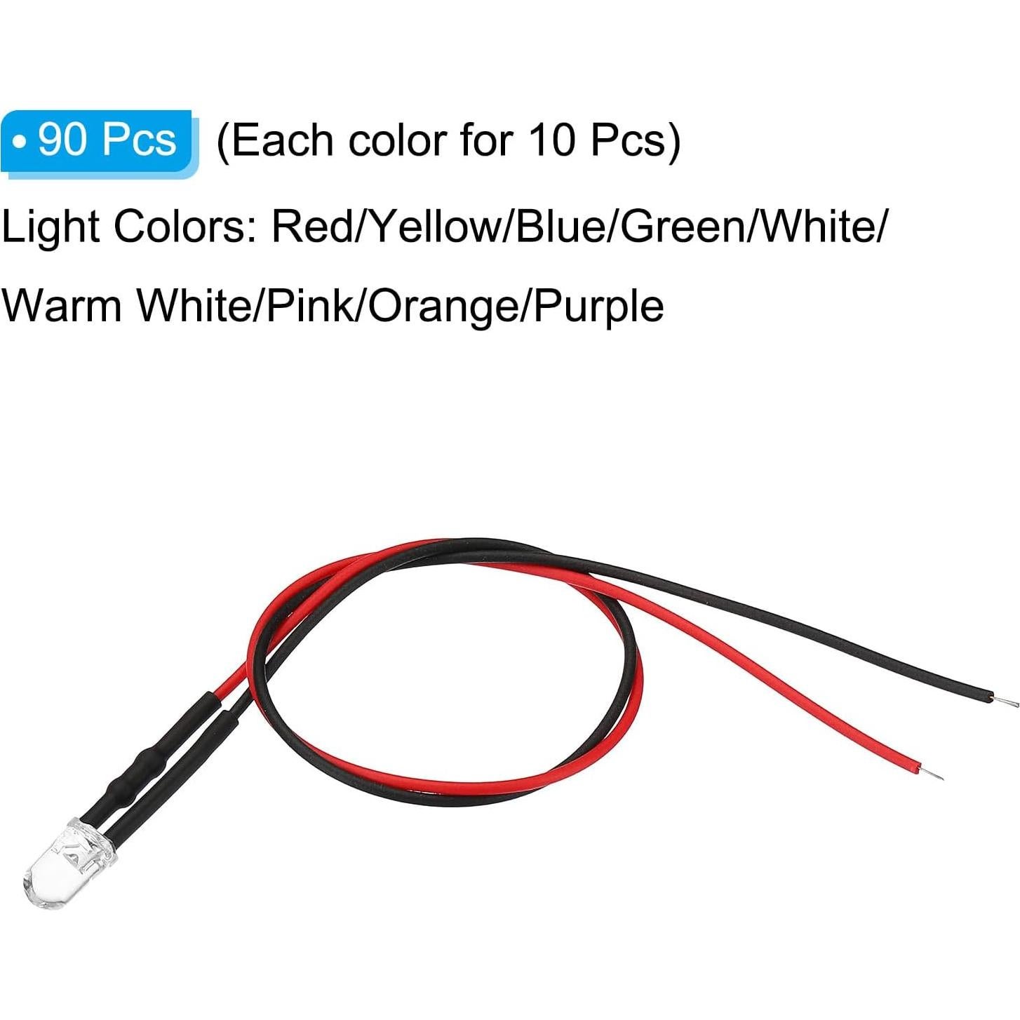 Diodos LED 5mm PATIKIL - Paquete de 90 Luces Pre Cableadas