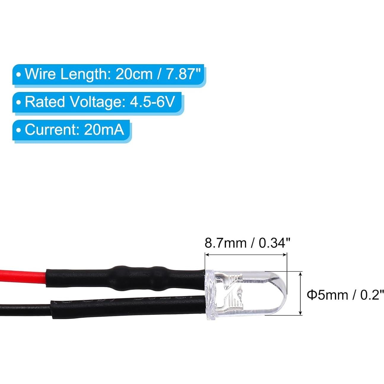 Diodos LED Azul PATIKIL 5mm Pre Cableados 20 Pcs 4.5-6V