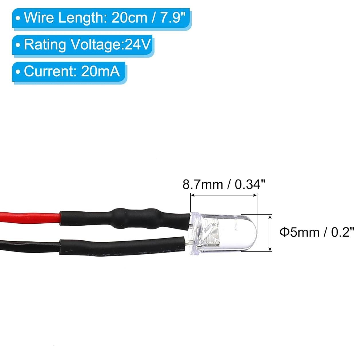 Diodos LED 5mm PATIKIL 24 Pcs 24V Luz Blanca Pre Cableados