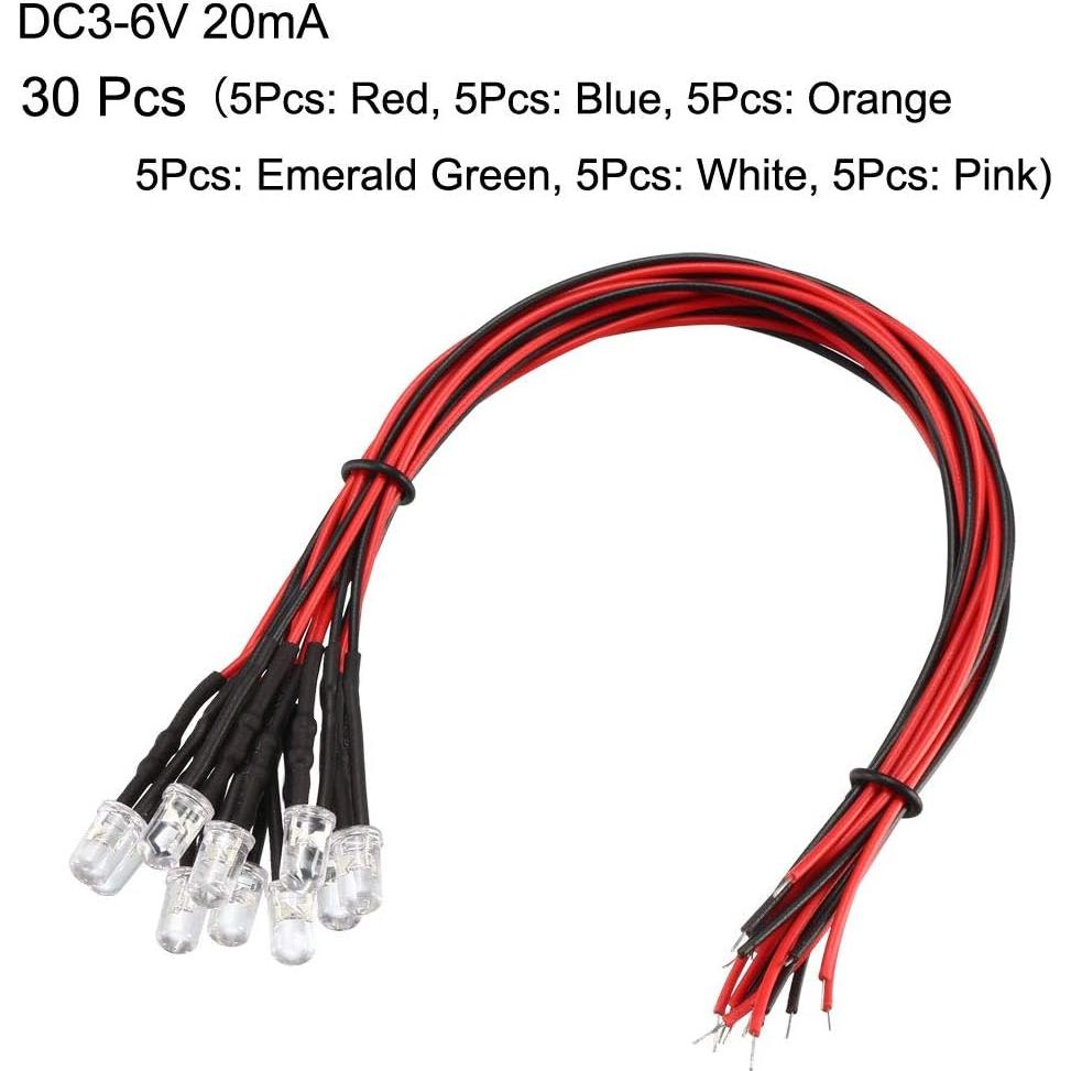 30 LEDs Pre Cableados 5mm uxcell - Rojo, Azul, Naranja, Verde, Blanco, Rosa