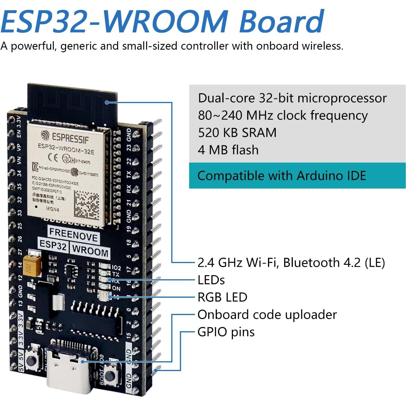 FREENOVE ESP32-WROOM Placa Doble Núcleo 240 MHz 2 Paquete