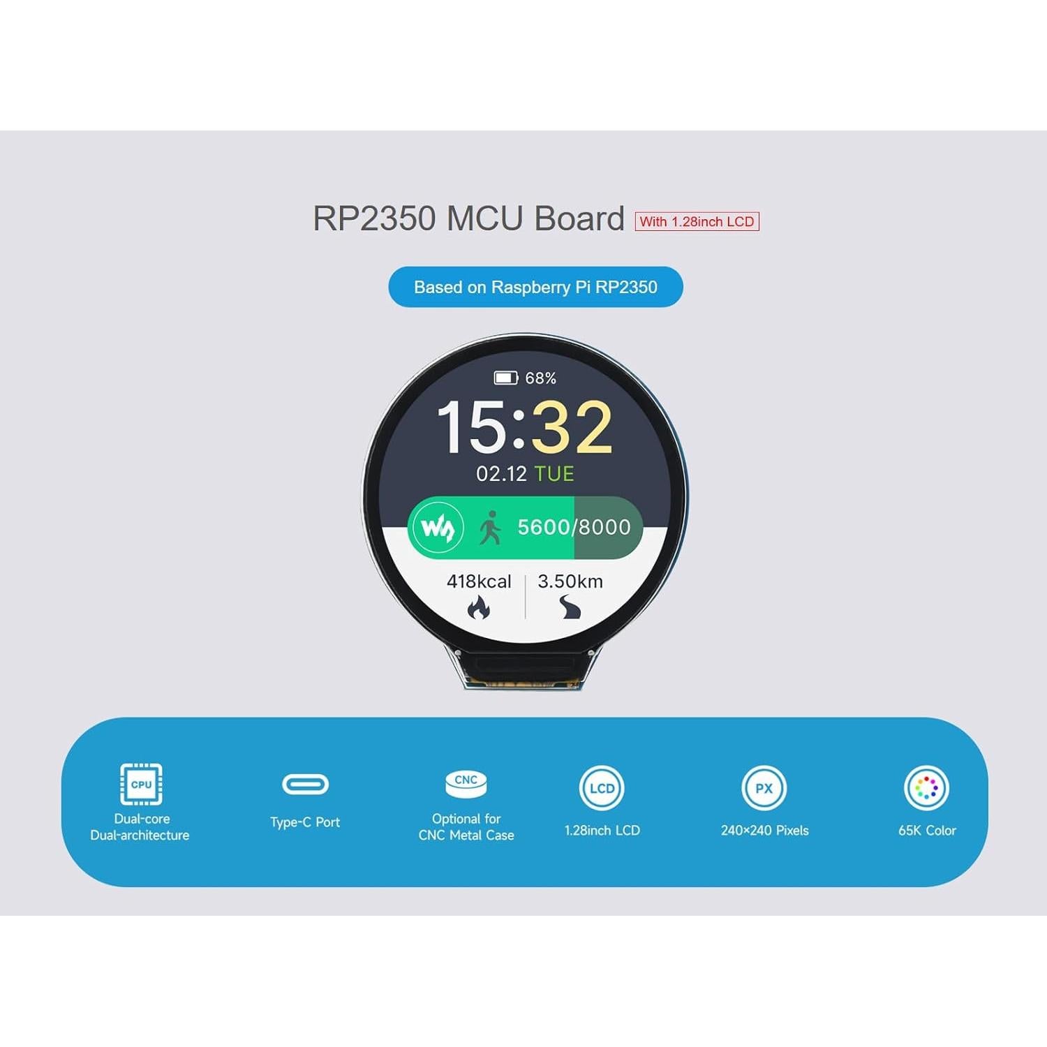 Placa MCU Waveshare RP2350 con LCD 1.28" 240x240 IPS