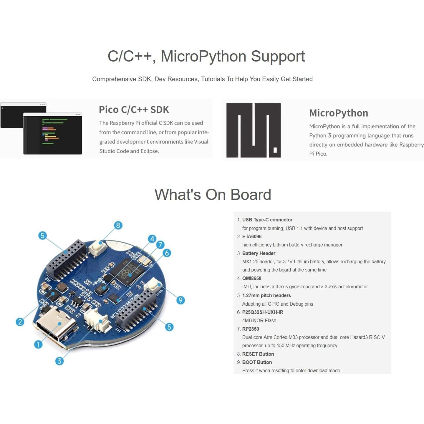 Placa MCU Waveshare RP2350 con LCD 1.28" 240x240 IPS