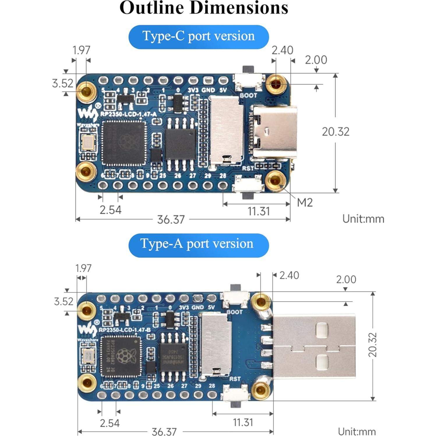 Placa de Desarrollo RP2350 con Pantalla LCD 1.47" y USB