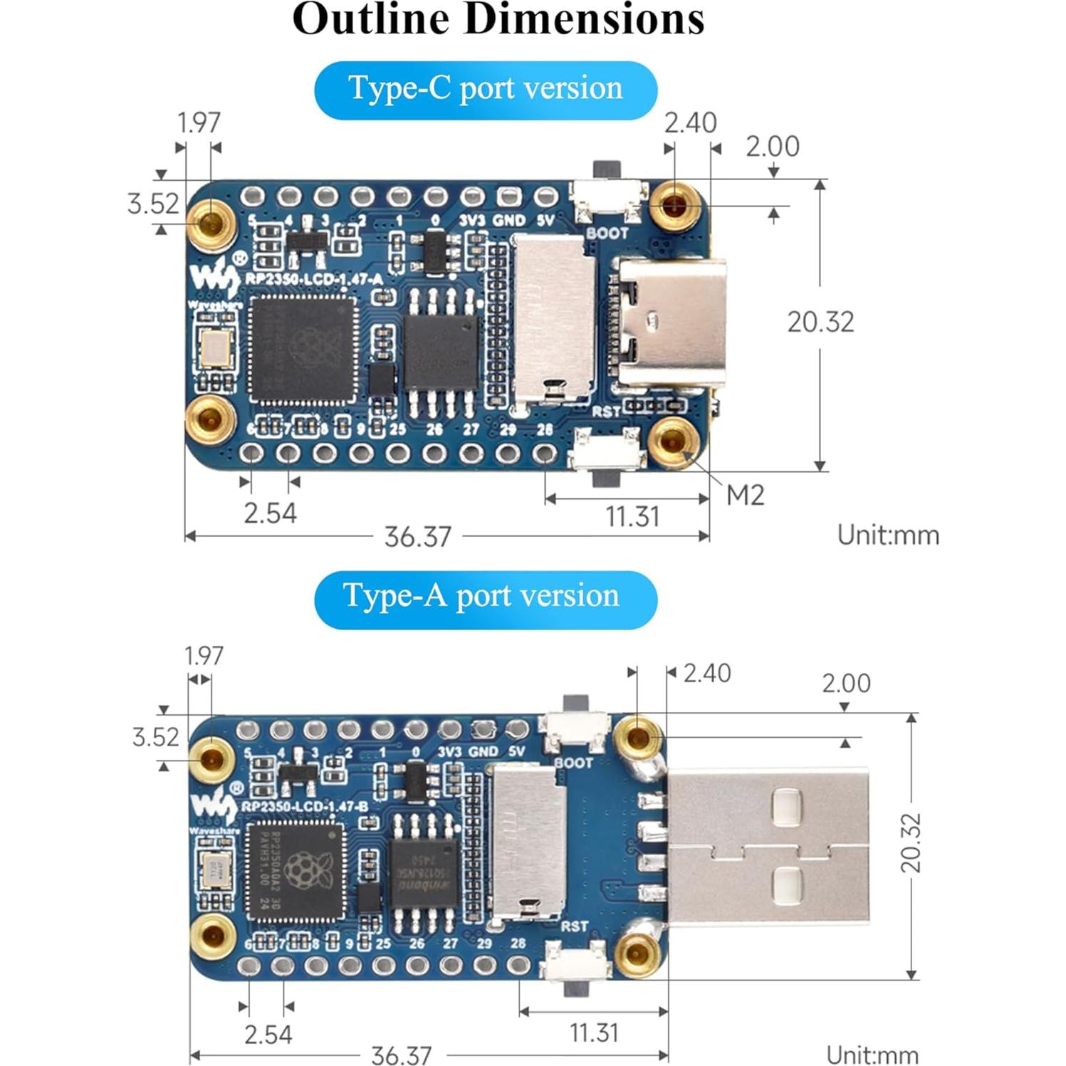 Placa de Desarrollo UeeKKoo RP2350 LCD 1.47" 172x320 RGB
