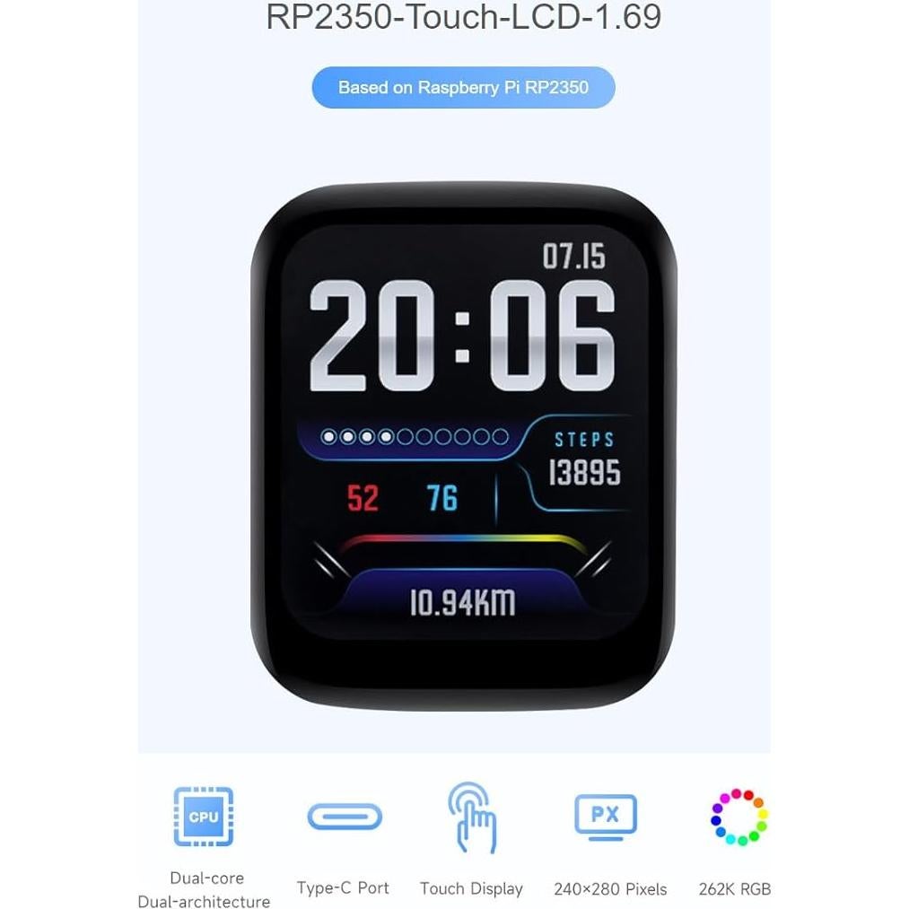 Placa MCU Waveshare RP2350 con Pantalla Táctil 1.69"