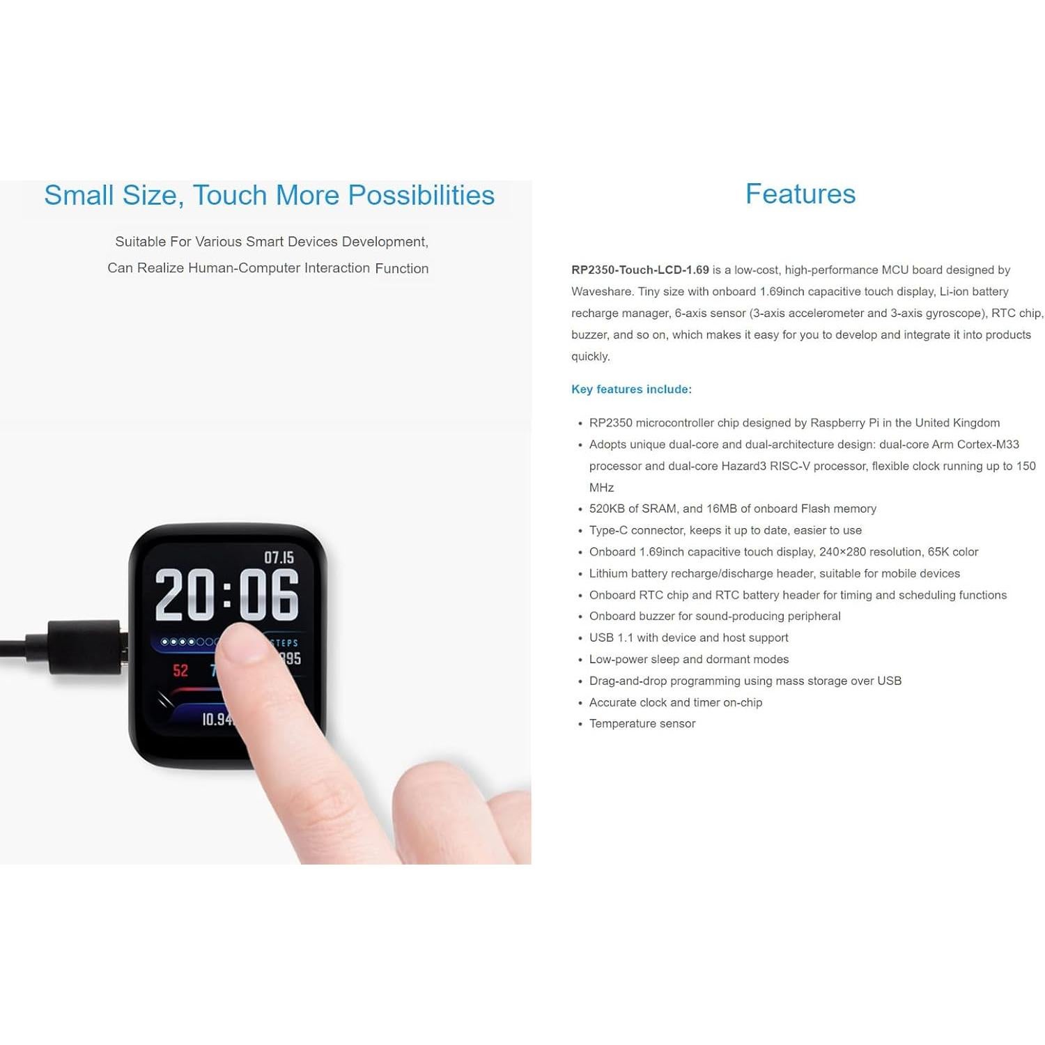 Placa MCU Waveshare RP2350 con Pantalla Táctil 1.69"