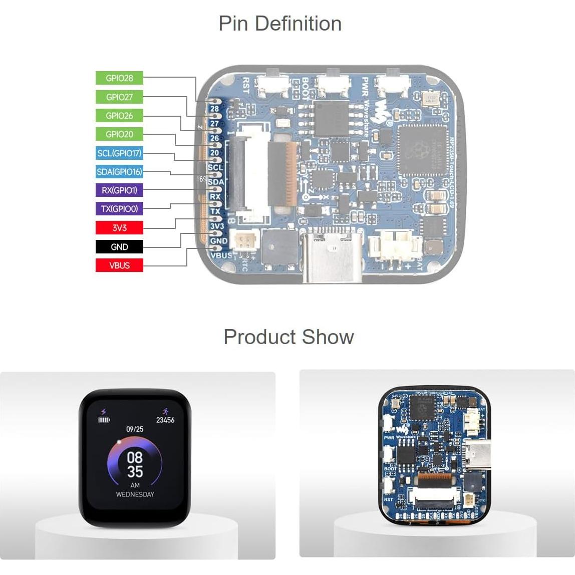 Placa MCU Waveshare RP2350 con Pantalla Táctil 1.69"