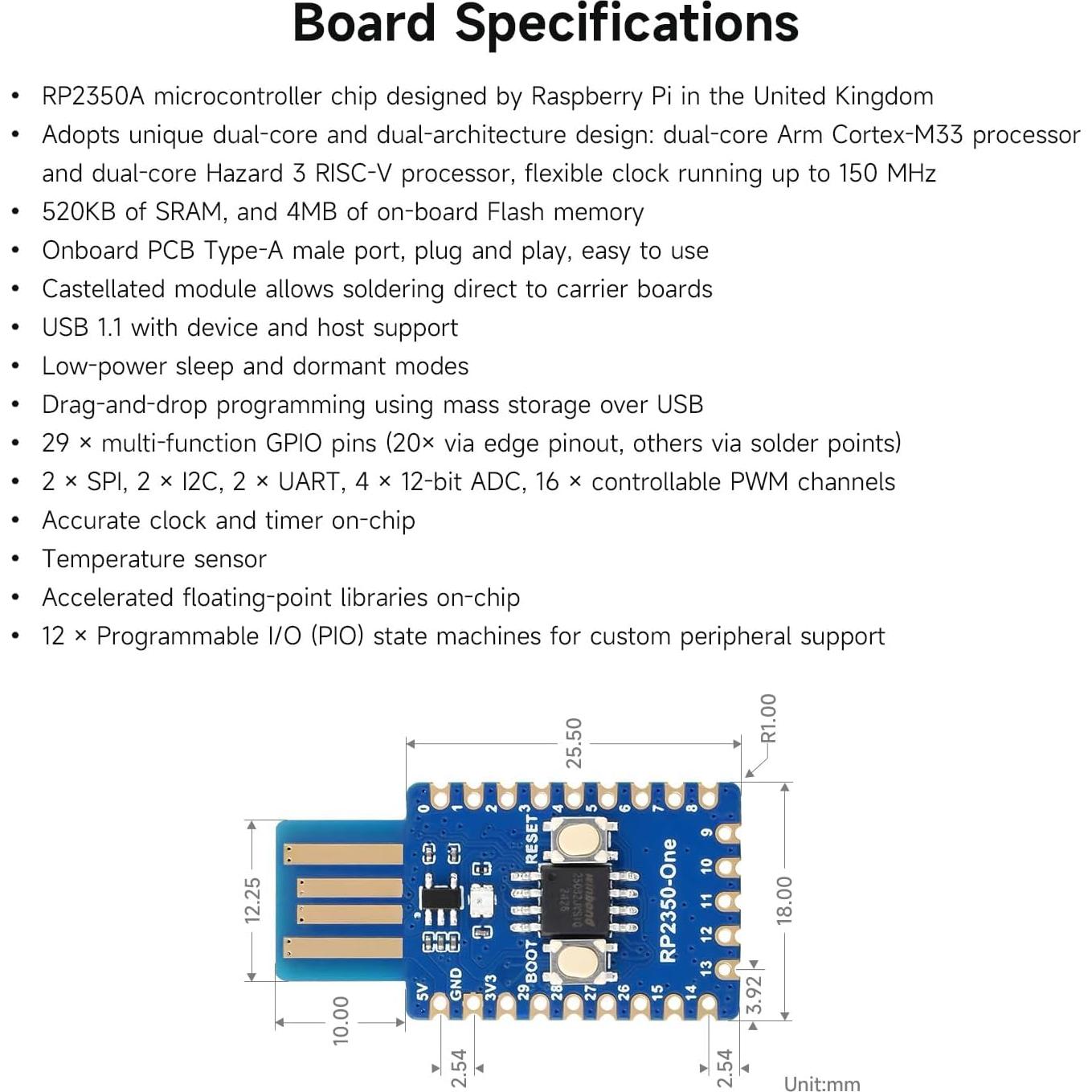 Placa MCU Waveshare RP2350-One 4MB Flash Doble Núcleo