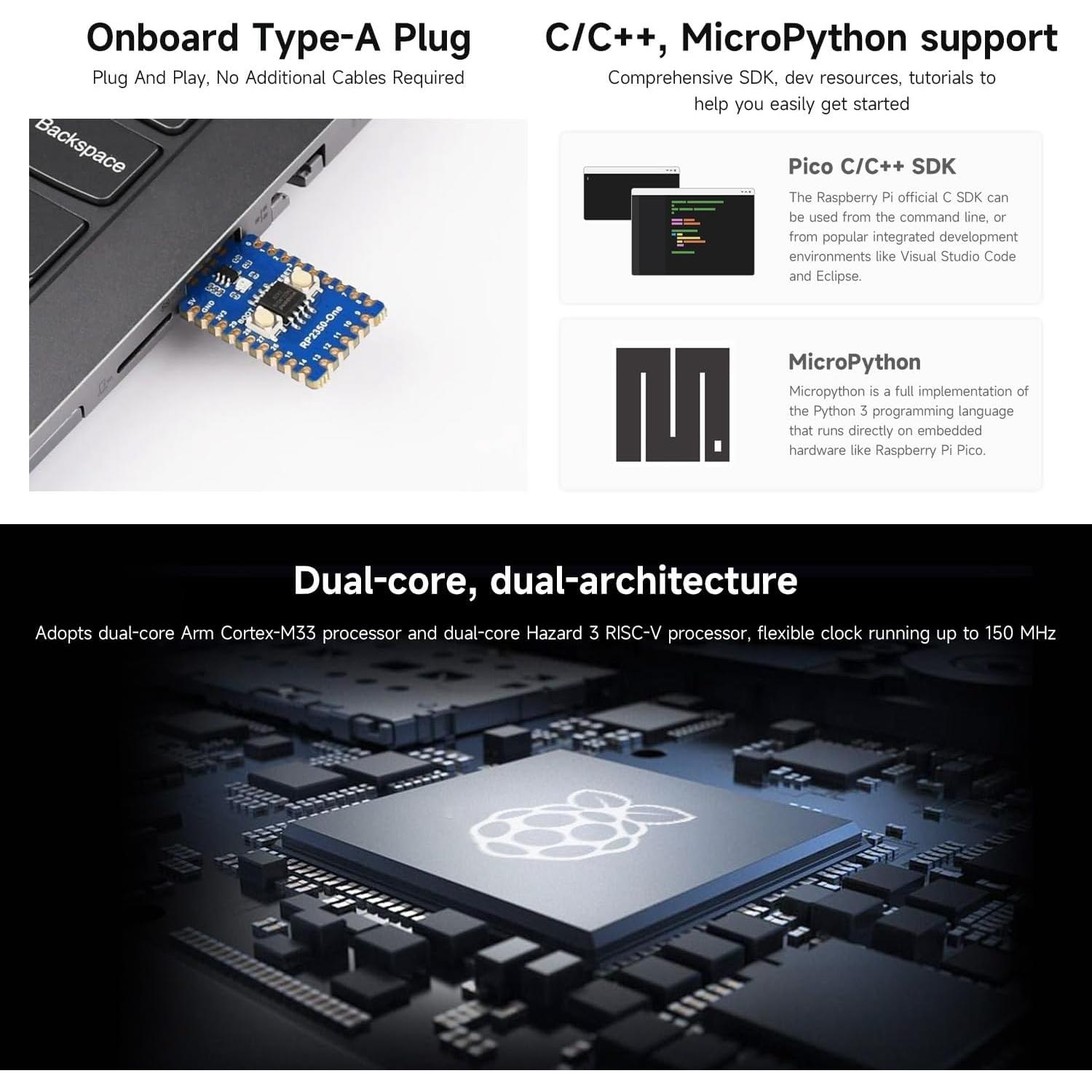 Placa MCU Waveshare RP2350-One 4MB Flash Doble Núcleo
