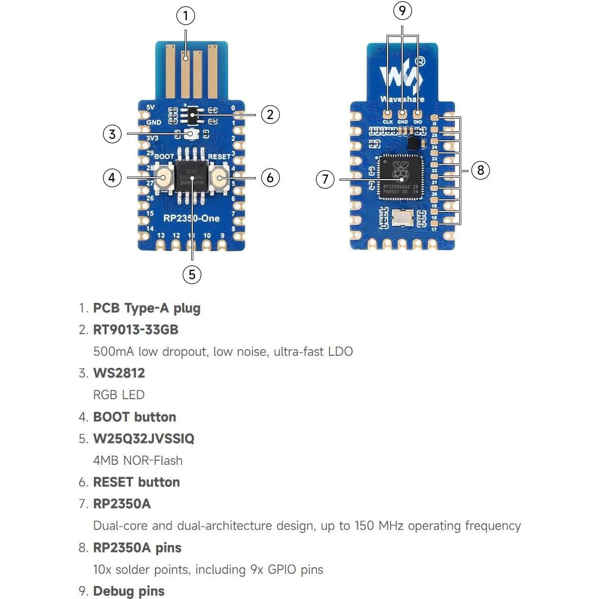 Placa MCU Waveshare RP2350-One 4MB Flash Doble Núcleo