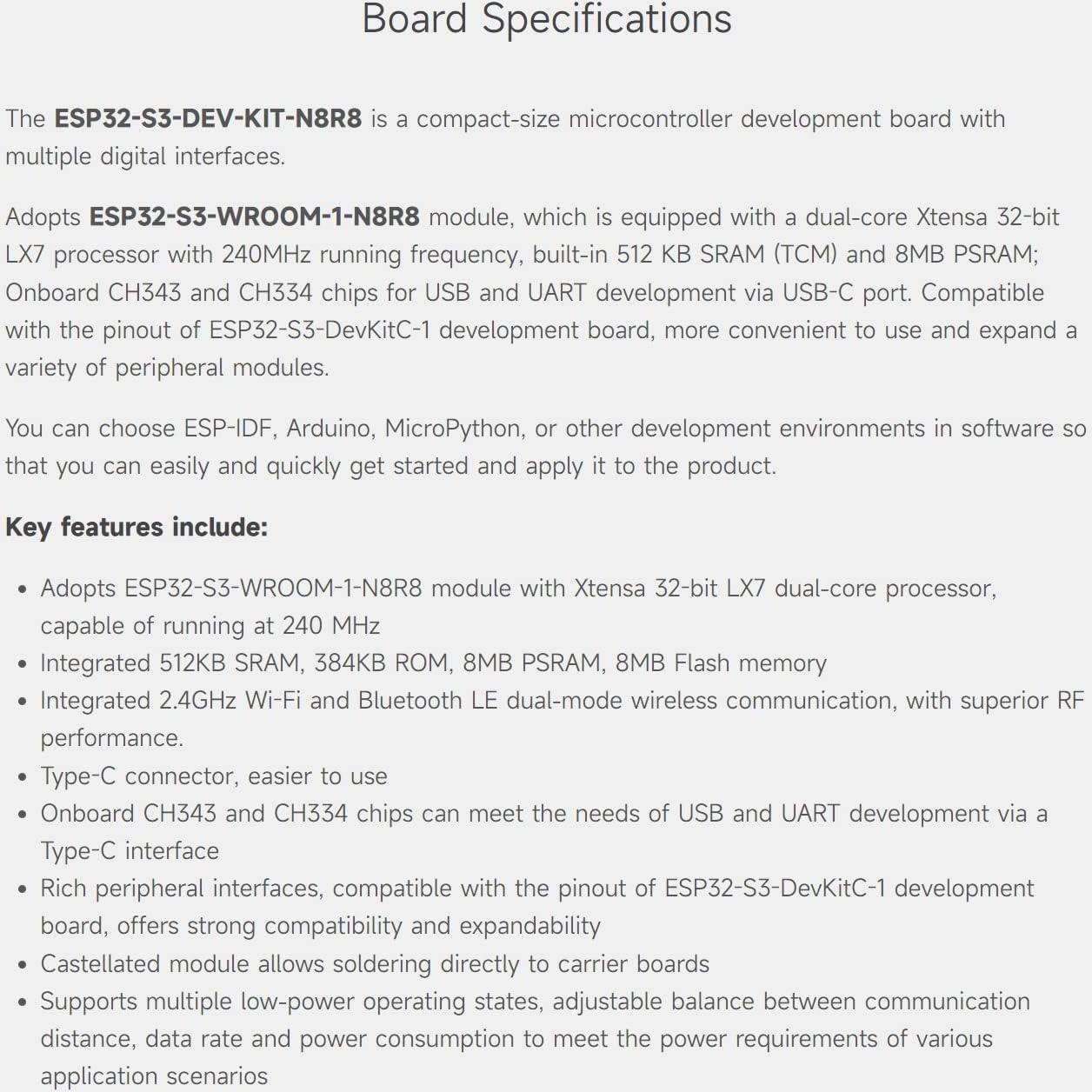 Placa de Desarrollo Waveshare ESP32-S3 2.4GHz Wi-Fi USB-C