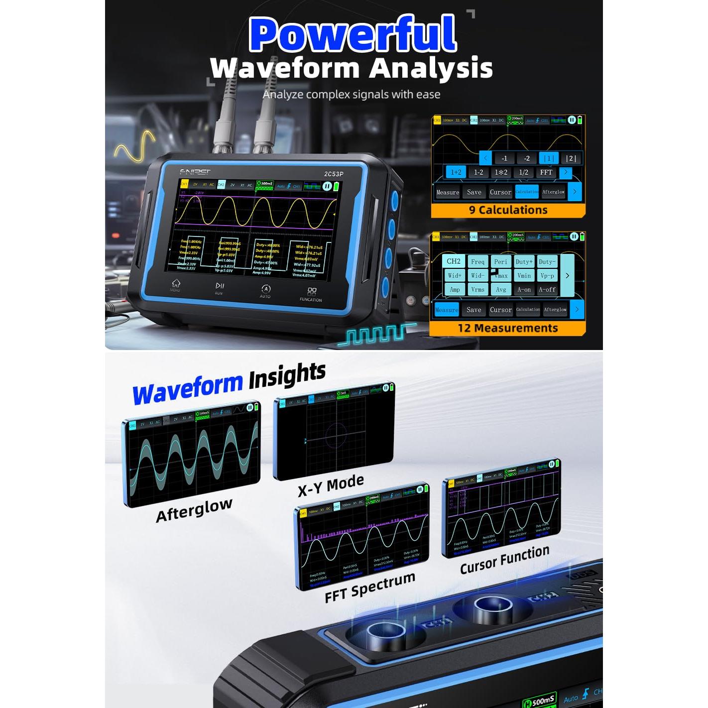 Osciloscopio Digital FNIRSI 2C53P 3en1 50MHz 250Ms/s