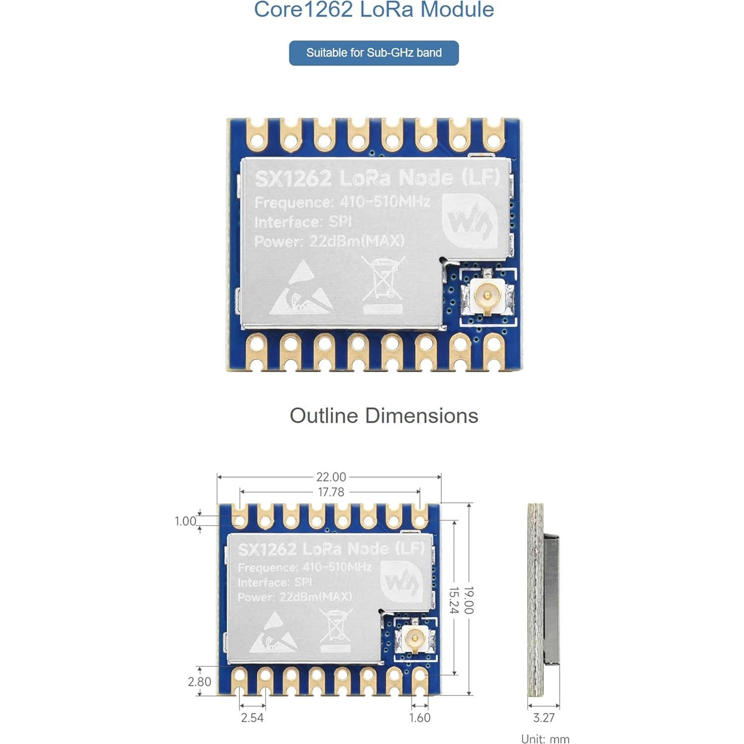 Módulo LoRa UeeKKoo Core1262 SX1262 Sub-GHz 850-930MHz