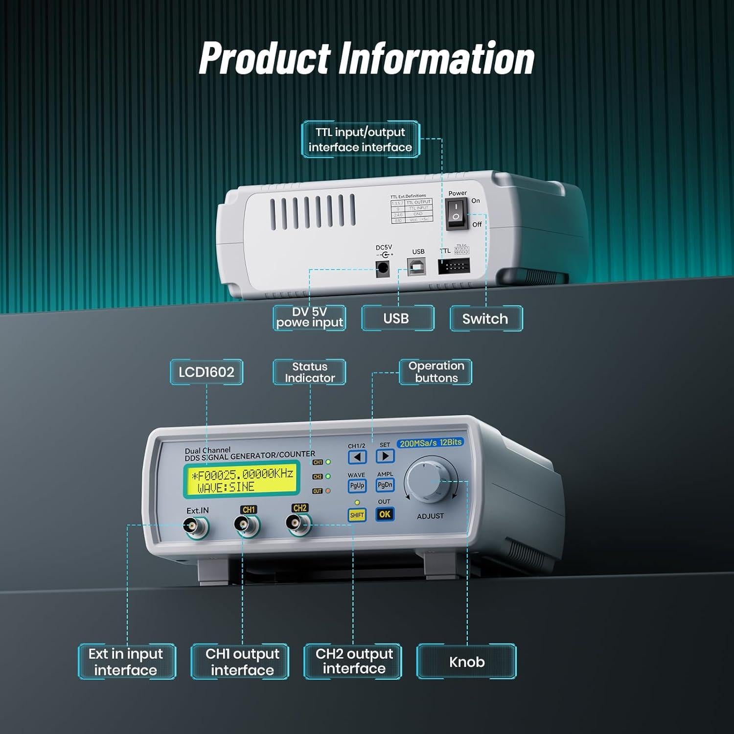 Generador de Señal Seesii 5200A Doble Canal 25MHz 200MSa/s