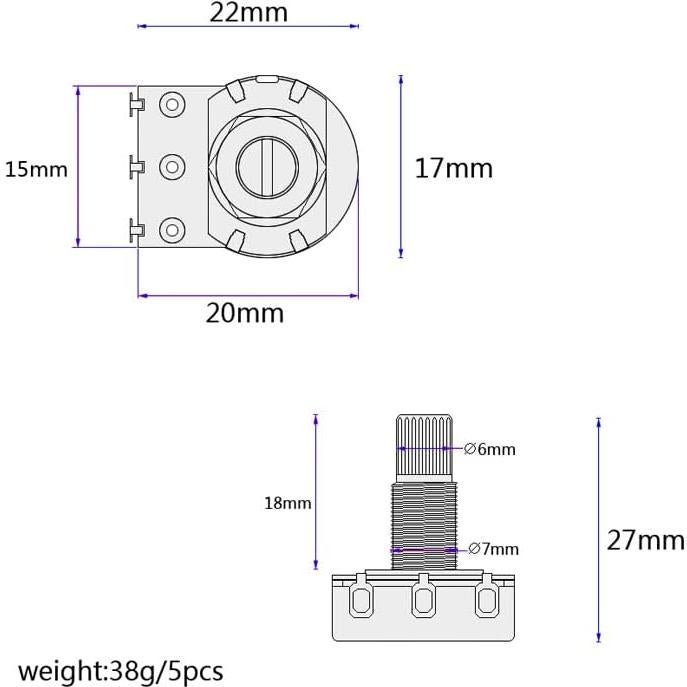Potenciómetros de Guitarra Alnicov 5 Pcs A25K 18mm