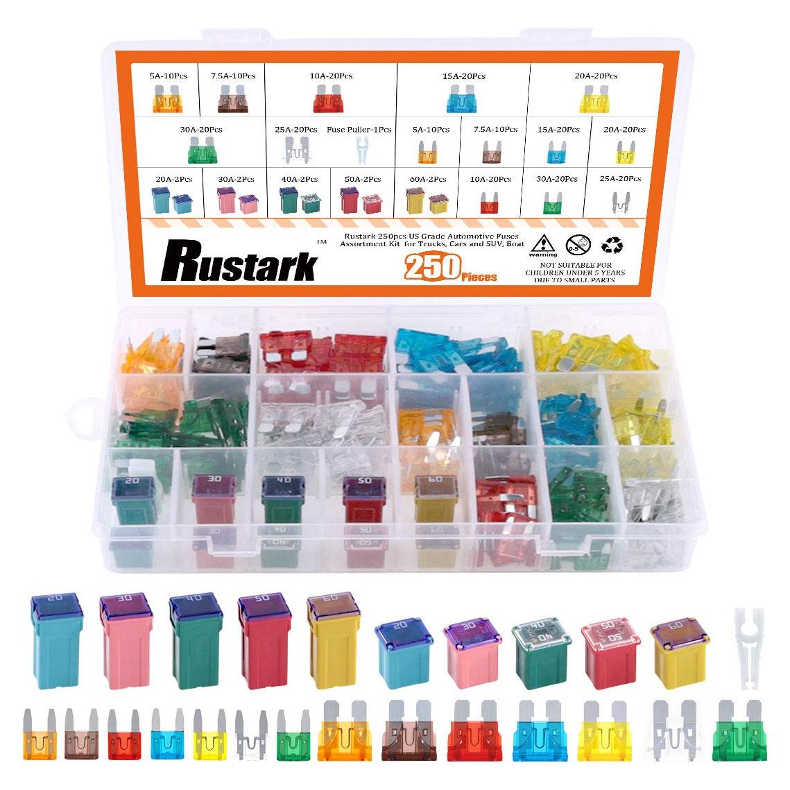 Kit de 250 Fusibles Automotrices Rustark - Estándar, Mini, Bajo y Alto