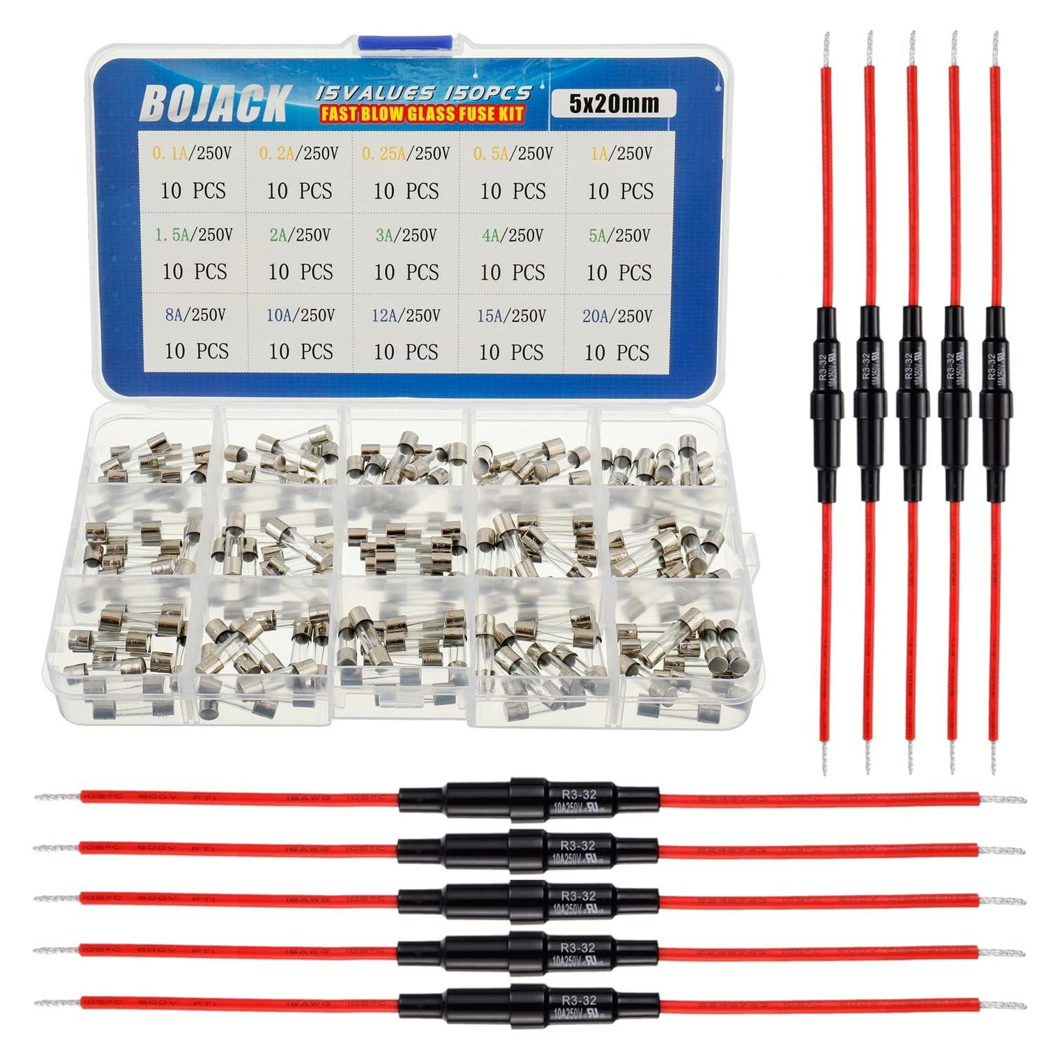 Kit de Surtido BOJACK de Portafusibles y Fusibles de Vidrio 5x20mm