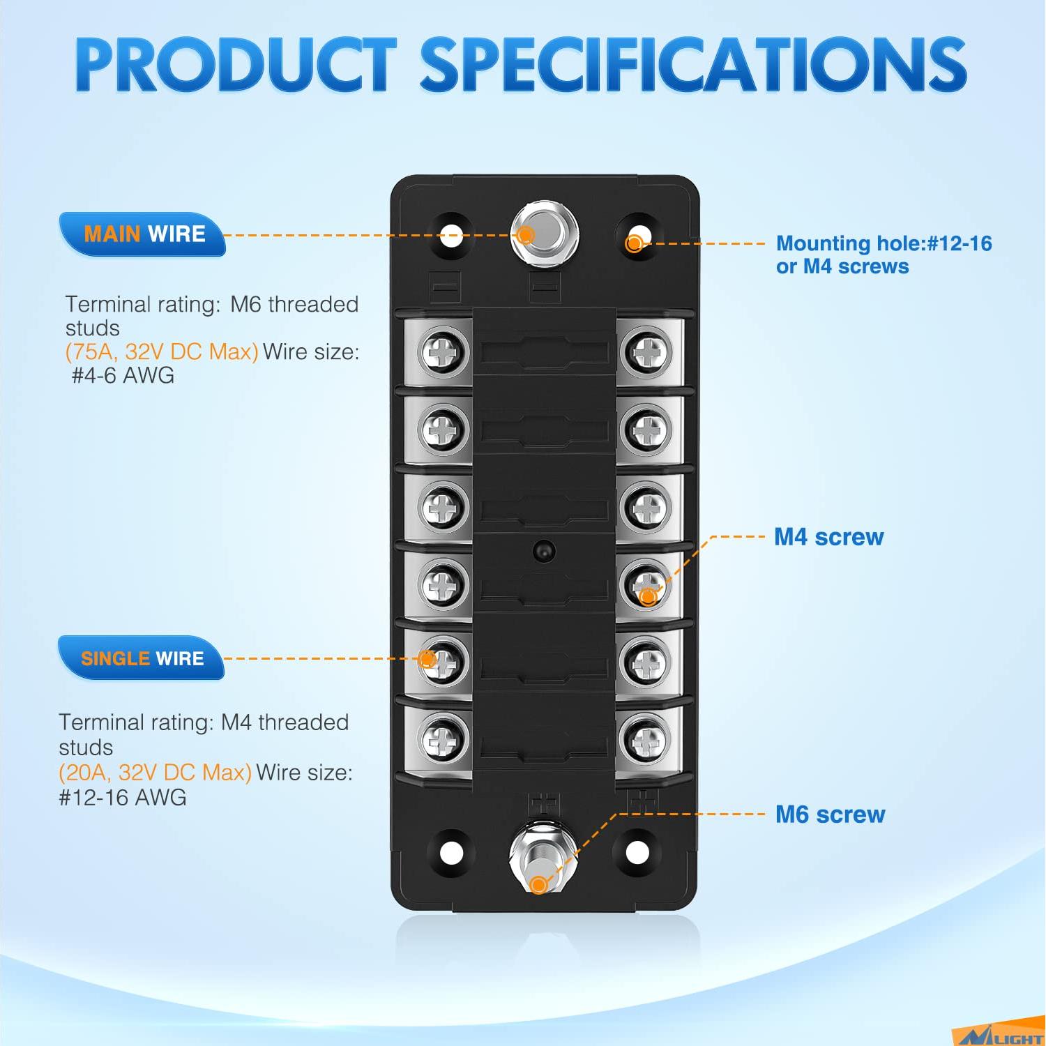 Bloque de Fusibles Nilight 6 Vías 12V ATC/ATO Impermeable