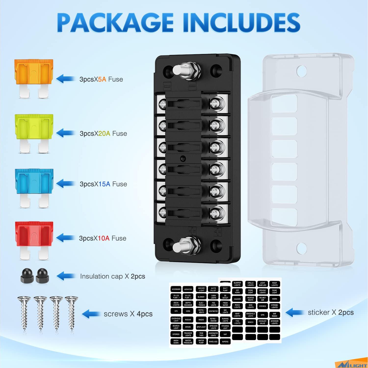 Bloque de Fusibles Nilight 6 Vías 12V ATC/ATO Impermeable