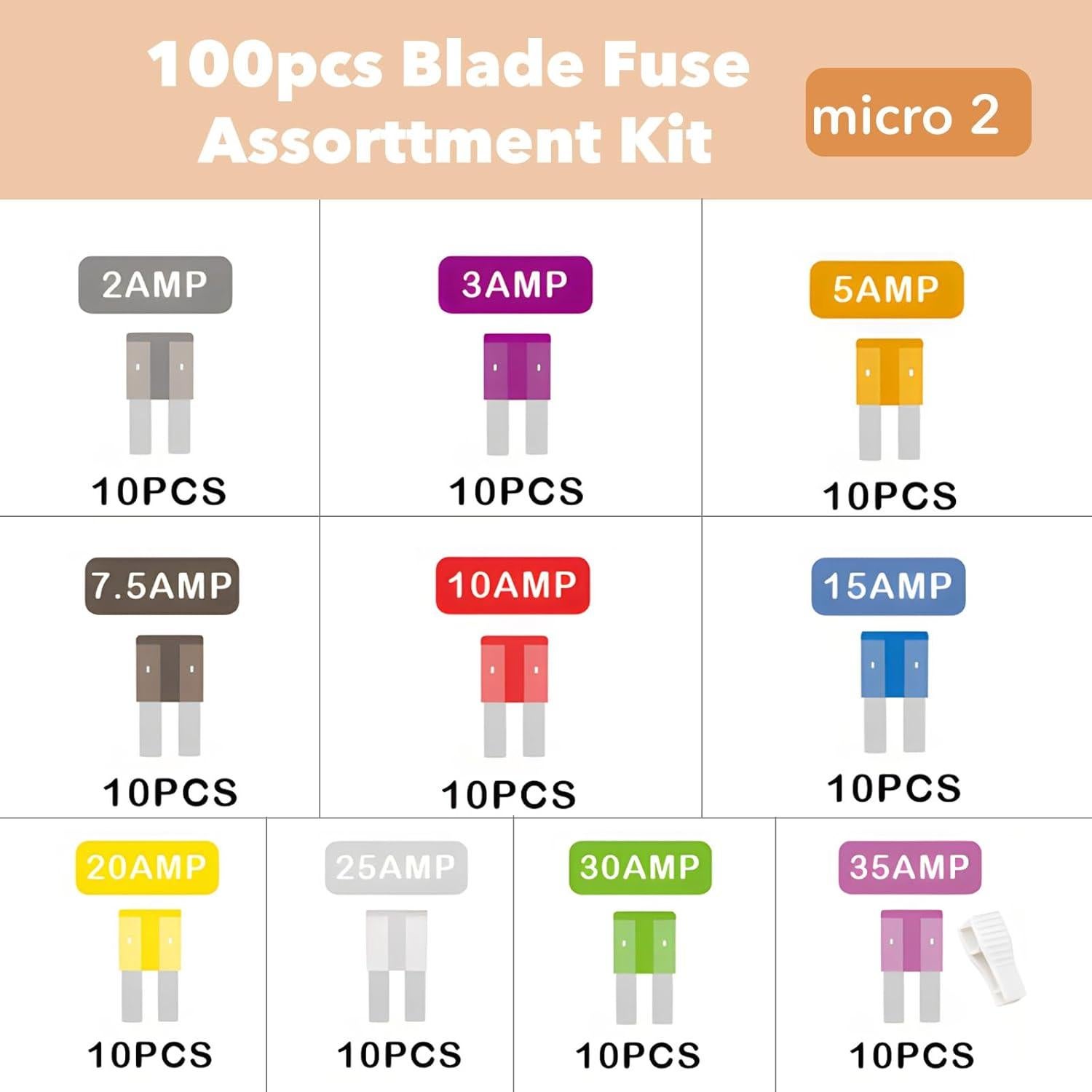 Kit de Fusibles Micro 2 Amliber 100Pcs para Automóviles 2A-35A