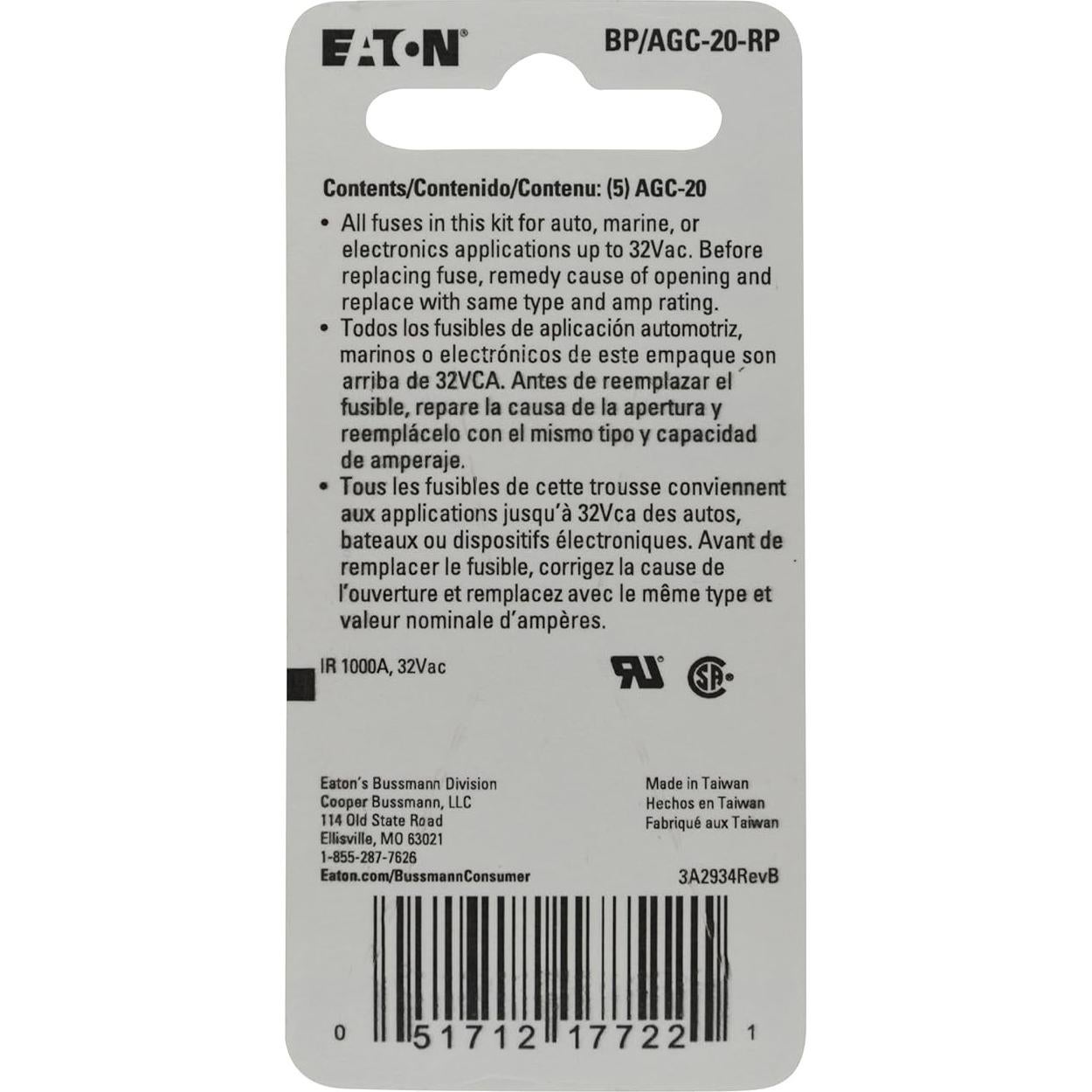 Fusible de vidrio Bussmann BP/AGC-20 20A Rápido Amarillo