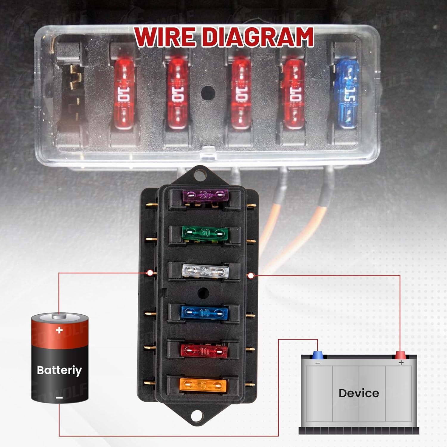 Bloque de Fusibles de 6 Vías RED WOLF con 6 Fusibles 5A-35A
