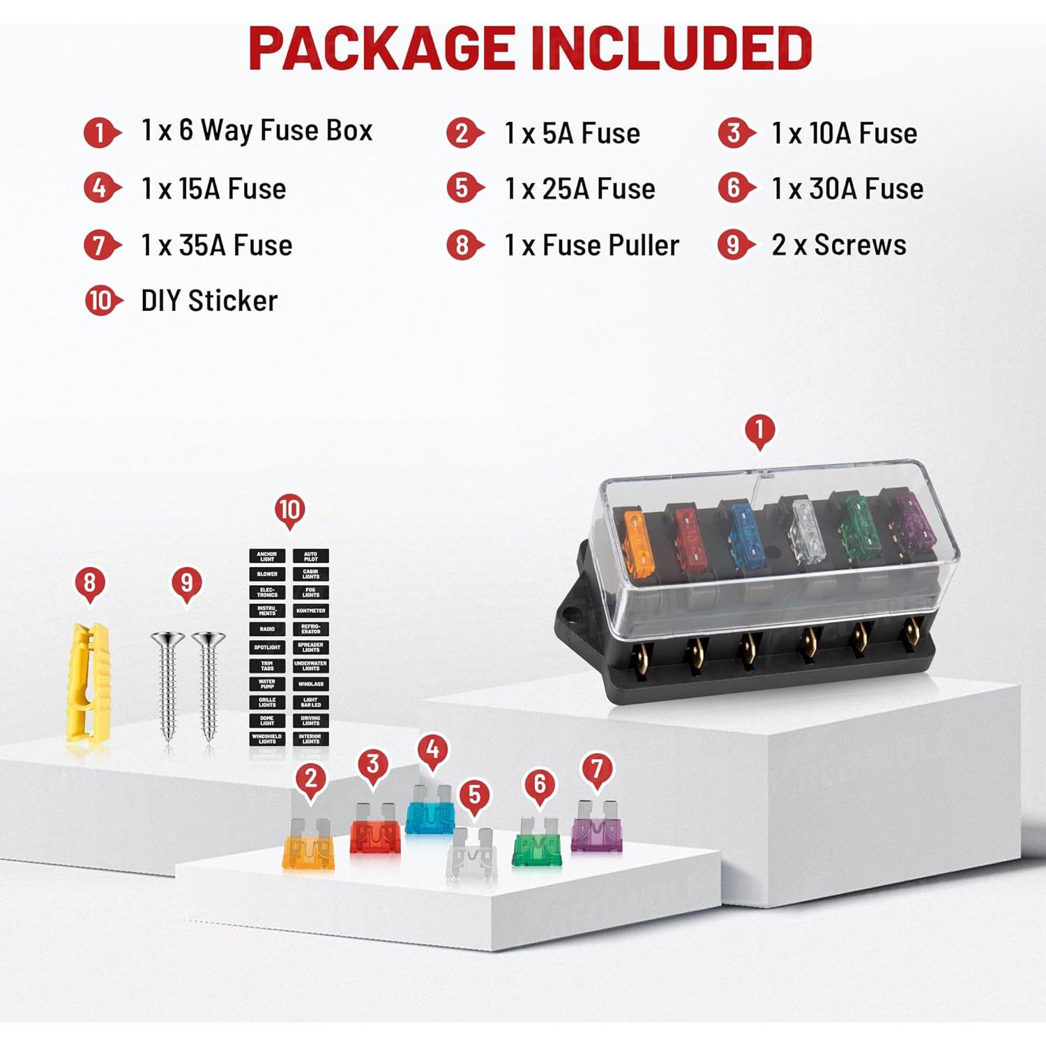 Bloque de Fusibles de 6 Vías RED WOLF con 6 Fusibles 5A-35A