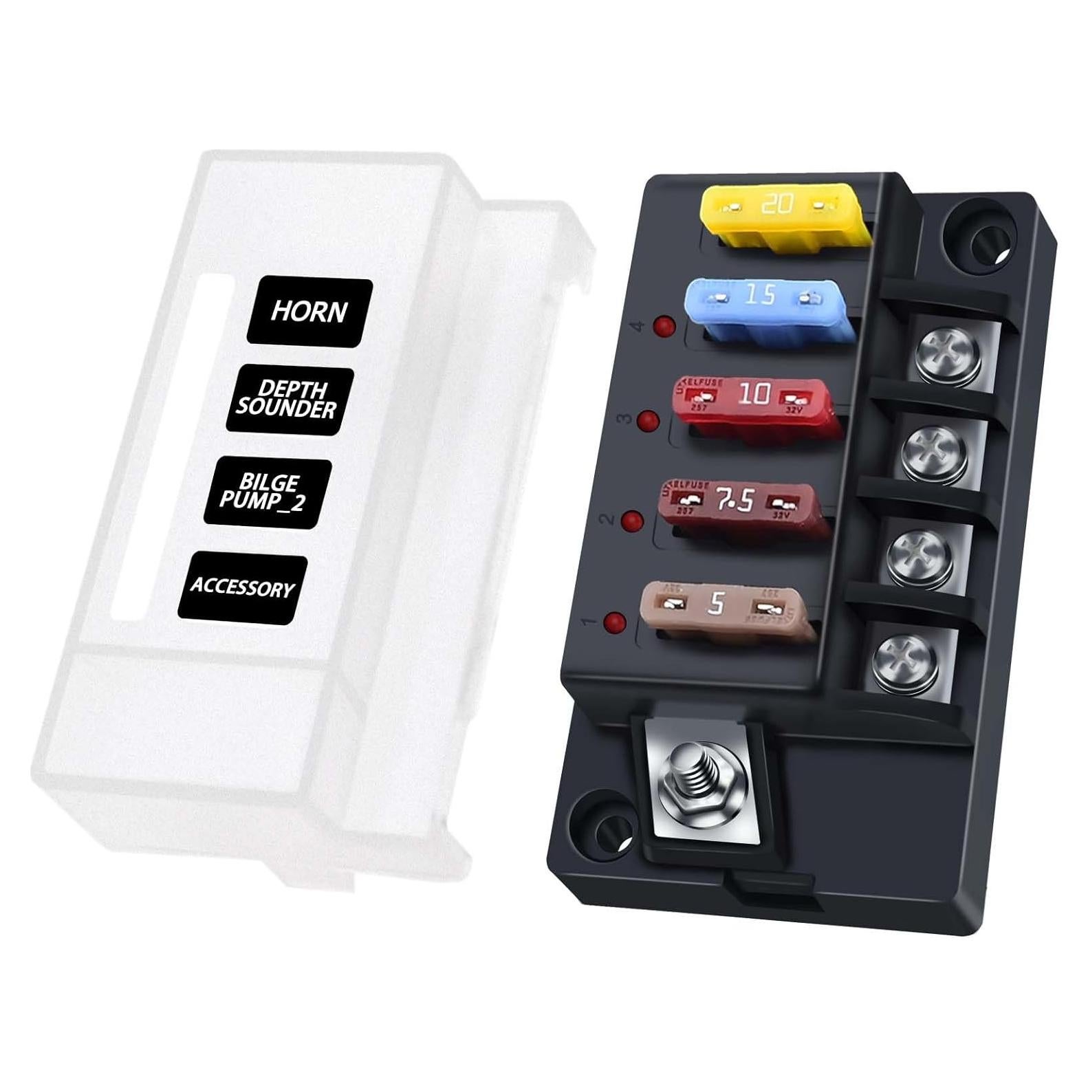 Bloque de Fusibles 12V YEZriler 4 Circuitos con LED y Cubierta