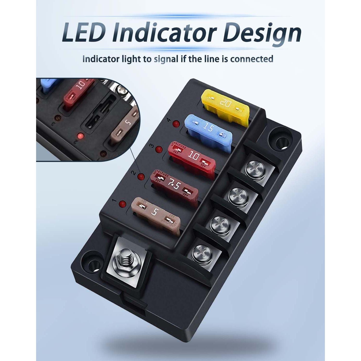 Bloque de Fusibles 12V YEZriler 4 Circuitos con LED y Cubierta