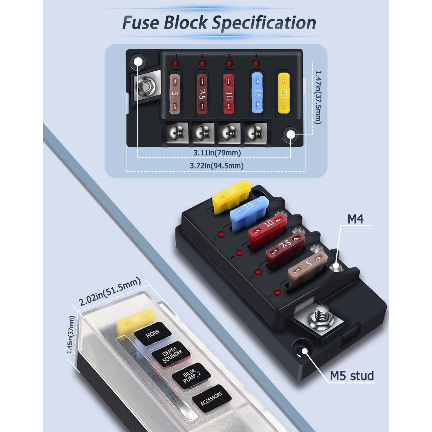 Bloque de Fusibles 12V YEZriler 4 Circuitos con LED y Cubierta