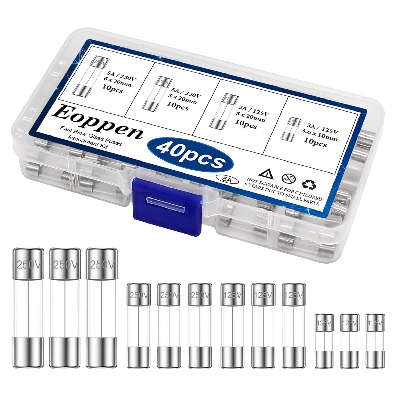 Kit de Fusibles de Vidrio 5A Eoppen 40 Pcs 3.6x10mm 5x20mm 6x30mm