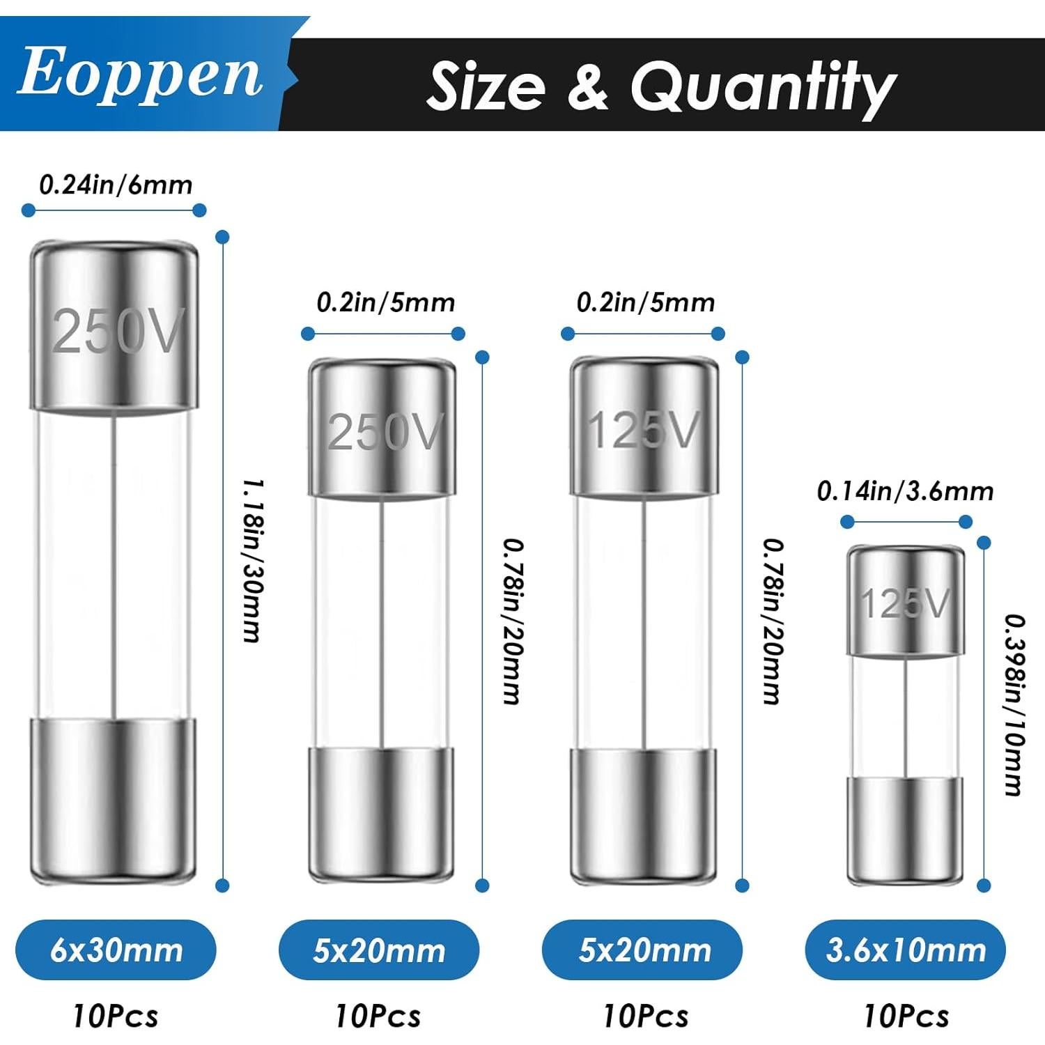 Kit de Fusibles de Vidrio 5A Eoppen 40 Pcs 3.6x10mm 5x20mm 6x30mm