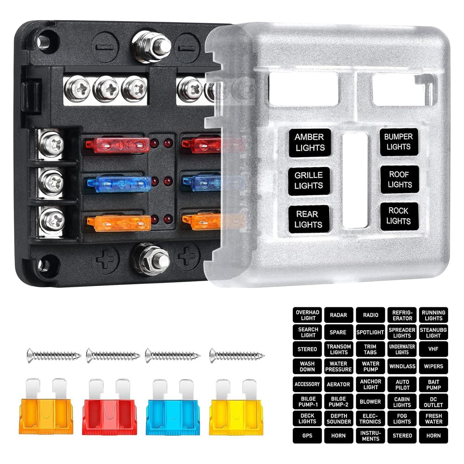 Bloque de Fusibles Marino 6 Vías Pautou 12V Impermeable LED