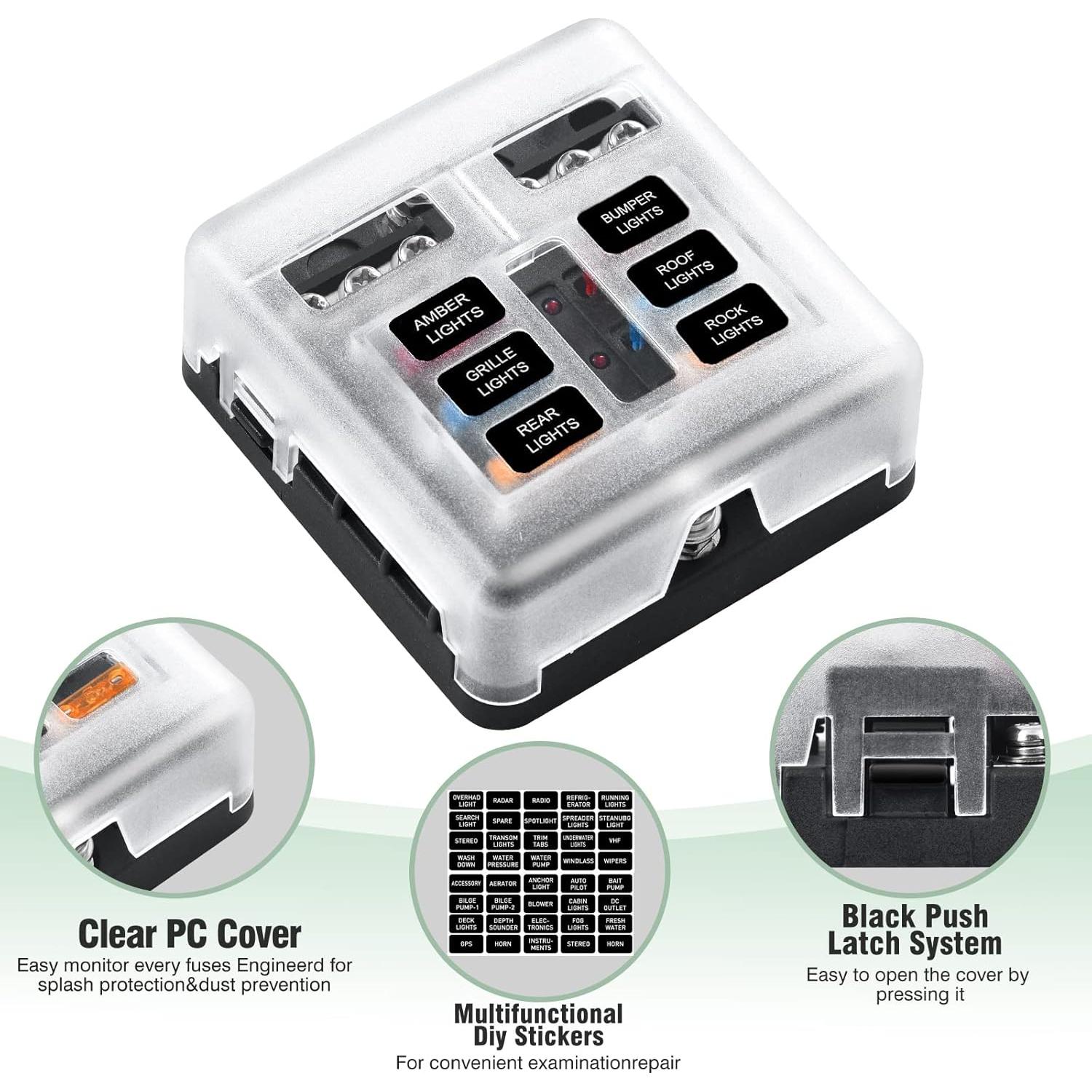 Bloque de Fusibles Marino 6 Vías Pautou 12V Impermeable LED