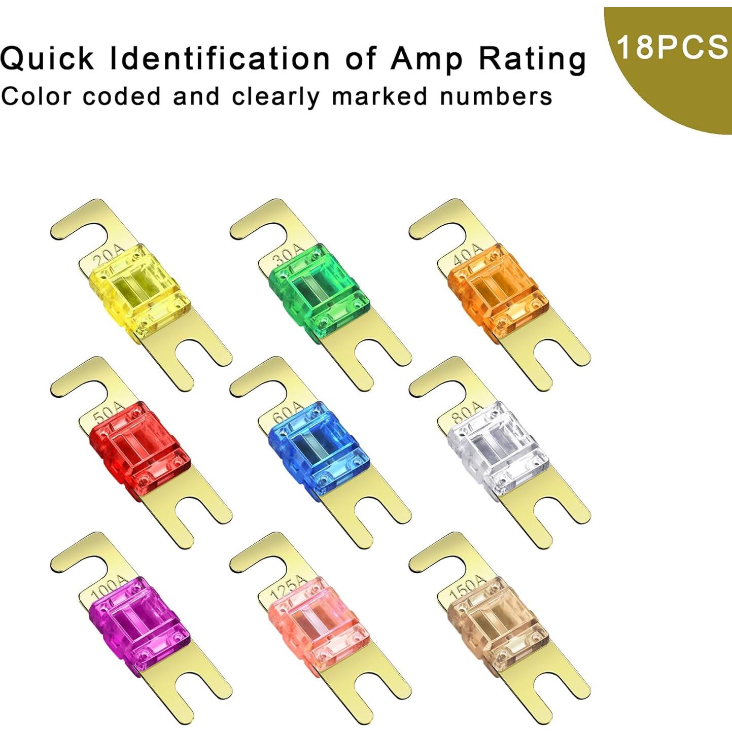 Fusibles Mini ANL CrocSee 18 Piezas 20A-150A para Audio